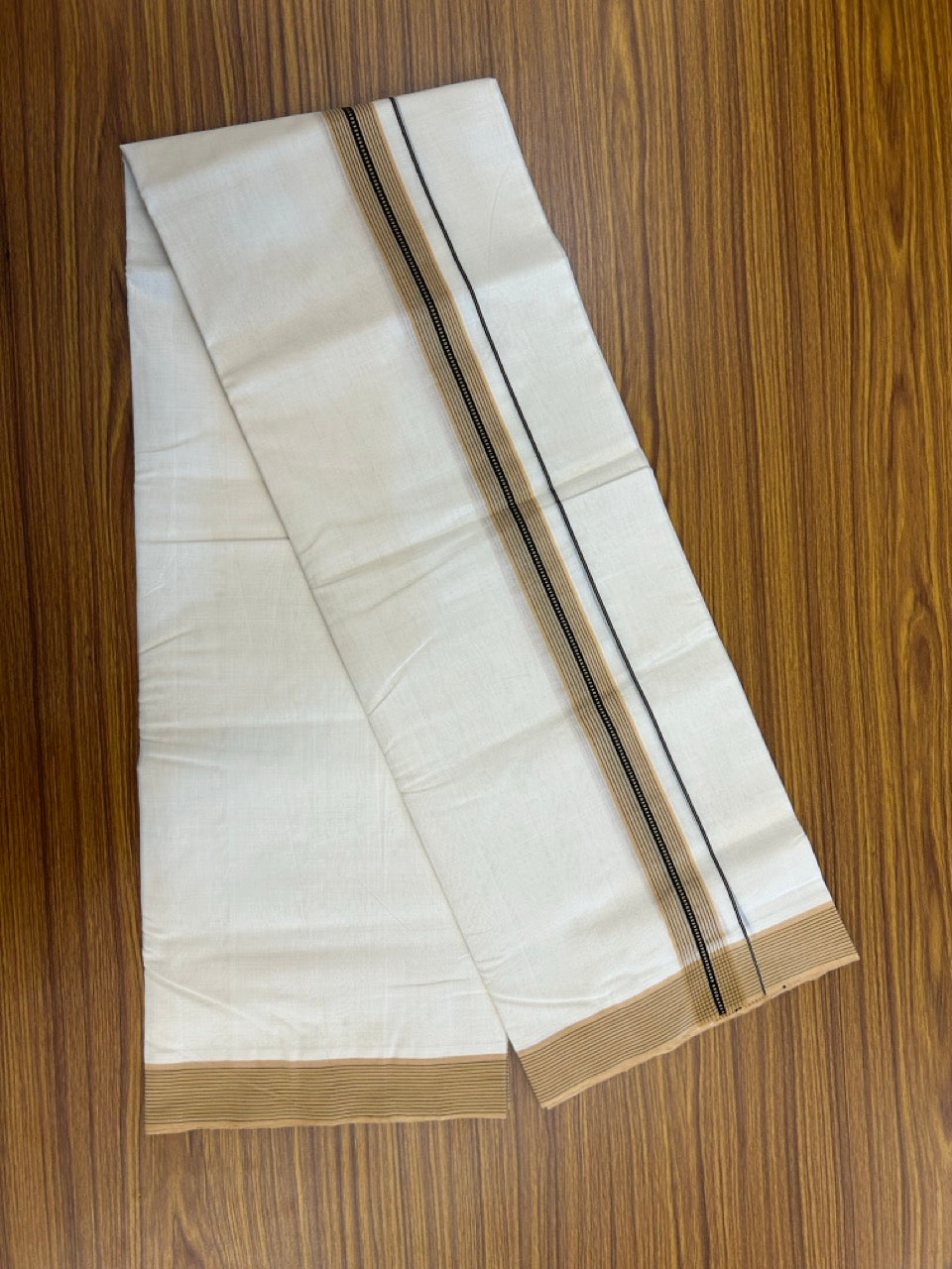25% DISCOUNT!! KaithariKada HANDLOOM UNAKKUPAAV Balaramapuram - 100% PURE Cotton OFF White - (Unbleached) Double Mundu/Dothi - 100 x 80 - 1.5 inch Sand Brown Black Strip Kara 3.80 meter (8.5 mulam) - 17 KK5249 REA