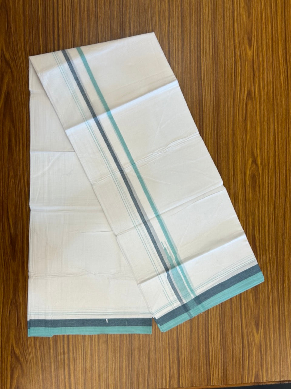 20% Discount ! NEW! KaithariKada Balaramapuram 100% Cotton Pure white Double Mundu/Dhoti - (100x80)s - 1.5 inch Turquoise Navy chutty - 17 KK5249 VIN