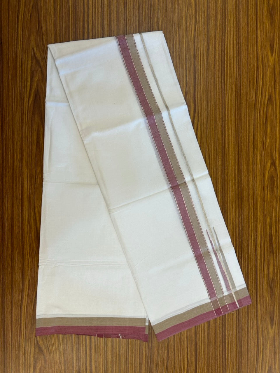 26% Discount ! NEW! KaithariKada Balaramapuram 100% Cotton Pure white Double Mundu/Dhoti - (100x80)s - Maroon Sage Green Chutty Silver Kasav - 17 KK5252 CKS