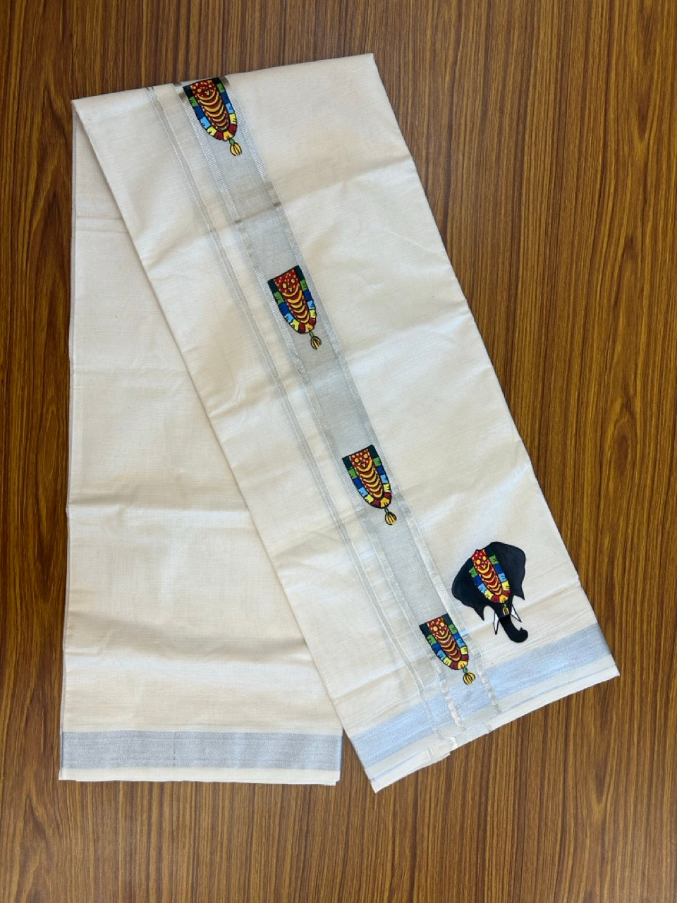 24% Discount! KaithariKada 100% Cotton Double Off white - (Ubleached) Mundu / Dhoti - 100x80 1.5 inch Silver Kasavu & Hand Painted Elephant Nettipatton - 17 KK5259 CKS