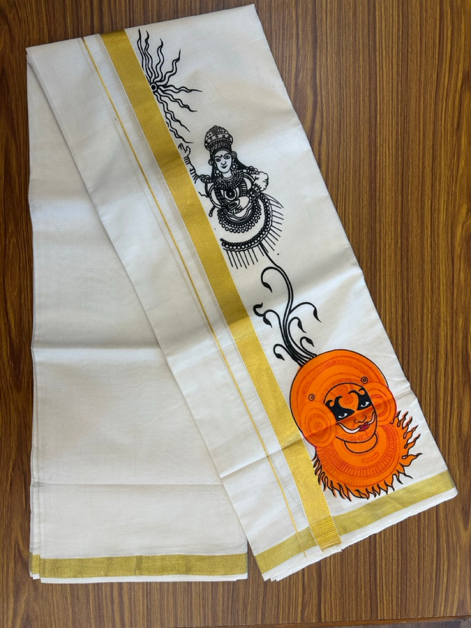 25% Discount!! KaithariKada Balaramapuram Pure Cotton Double Off white - (Ubleached) Mundu/Dhoti - 80x72 - 1 inch Kasavu & Theyyam Chenda kathakali Printed Design Kara - 17 KK5262 MUT