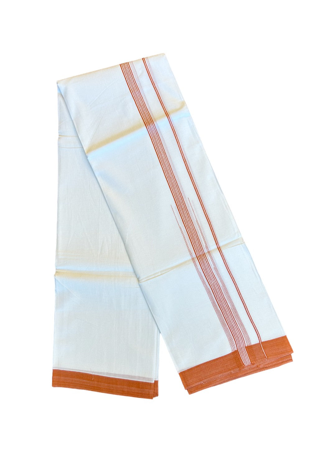 22% DISCOUNT!! Kaitharikada Balaramapuram 100% Cotton Ultra WHITE Double Mundu/Dothi-100x100 2.25 Inch ORANGE Striped Cotton Kara 3.80m (8 Muzham) - 17KK74RAM