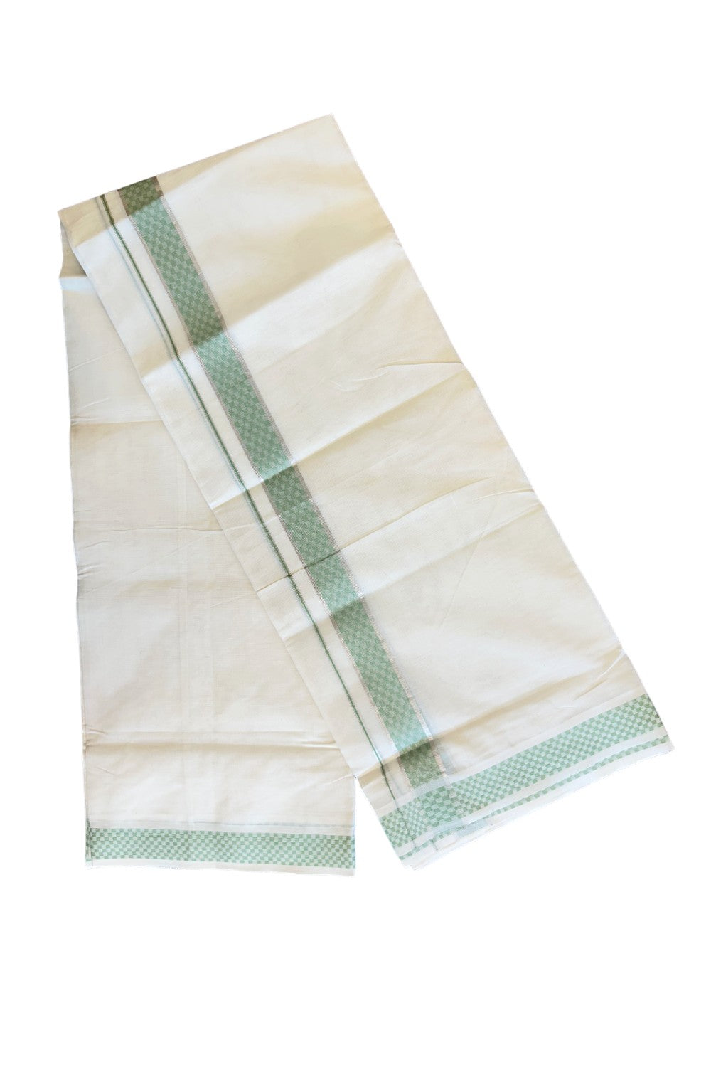 21% DISCOUNT ! KaithariKada Balaramapuram 100% Cotton Double off white (Unbleached) Mundu/Dhoti - 100X100 Silver kasavu light green check design kara - 17KK78PMC