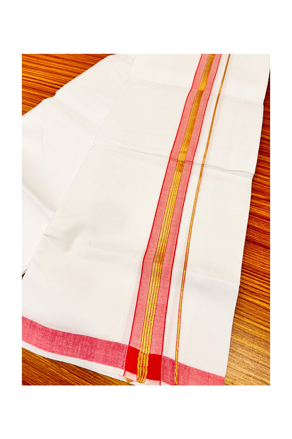 25% OFFER! KaithariKada 100% Cotton Balaramapuram HANDLOOM Single PURE WHITE Mundu/Dhoti - 2inch (2 meter / 4 muzham) Pinkish Red Kasavu Kara & Stripes - 17KAI.