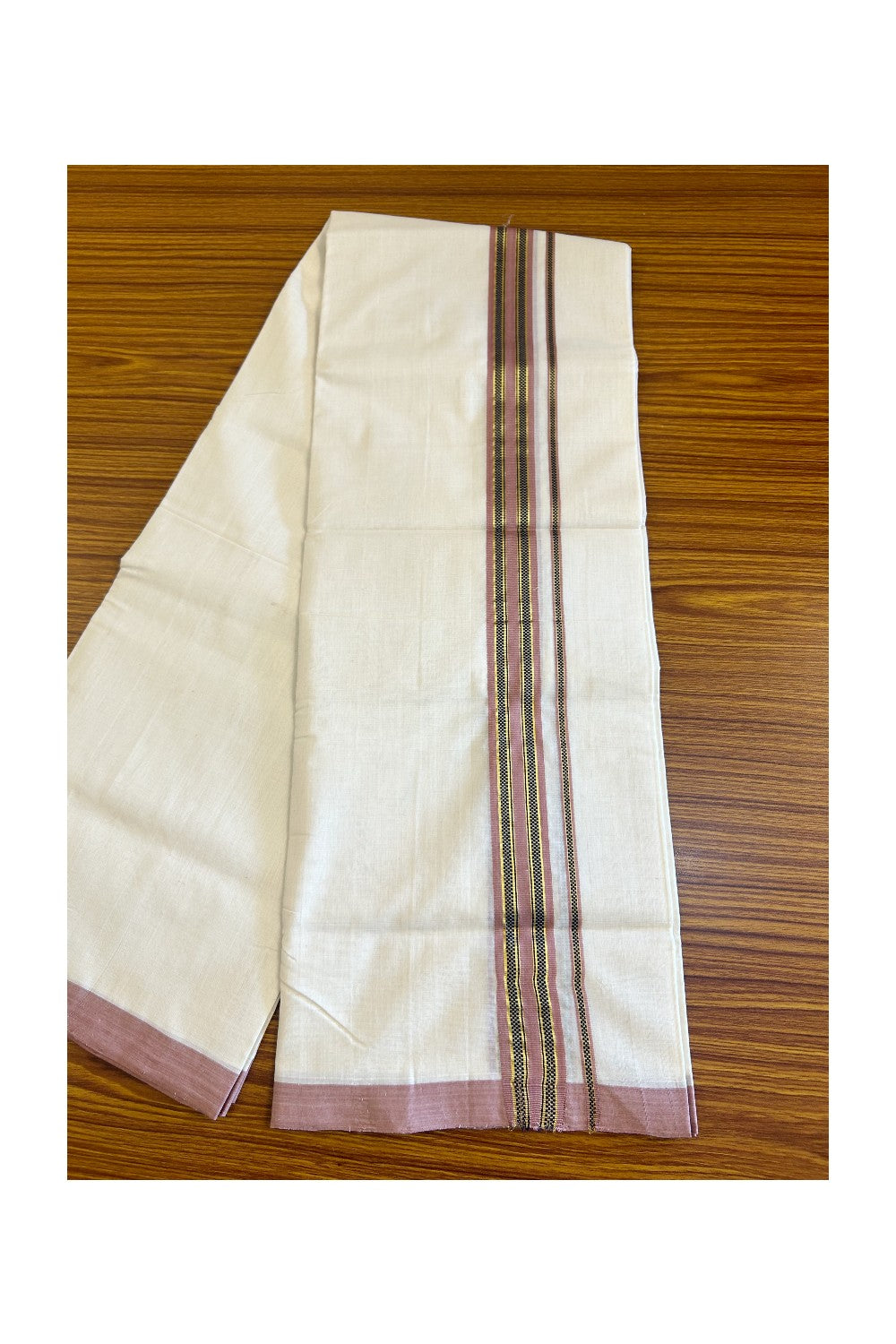 30% Discount!!! KaithariKada HANDLOOM UNAKKUPAAV Balaramapuram - 100% PURE Cotton off white (Unbleached) Double Mundu/Dhoti - 2 inch Kasavu Pink brown & Navy blue pattern kara - 17KK458SOM