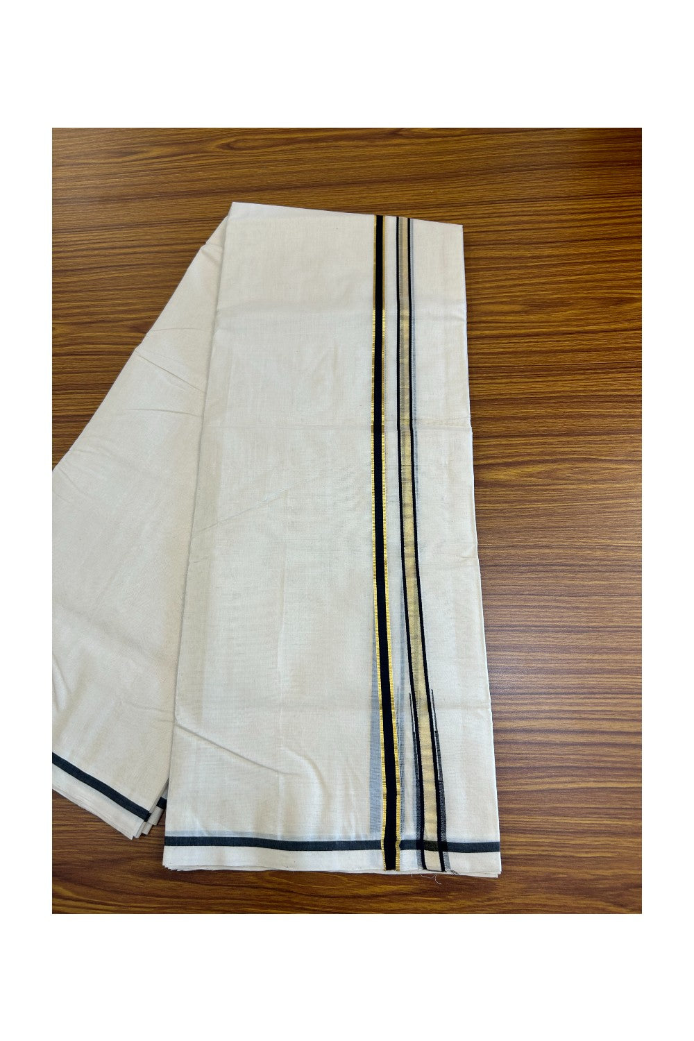 25% DISCOUNT!! KaithariKada HANDLOOM Millpaav Balaramapuram - 100% PURE Cotton OFF White - (Unbleached)Double Mundu/Dothi - 1cm Puliyilakkara side striped Gold kasavu Black chutty - 17KK5011RAM