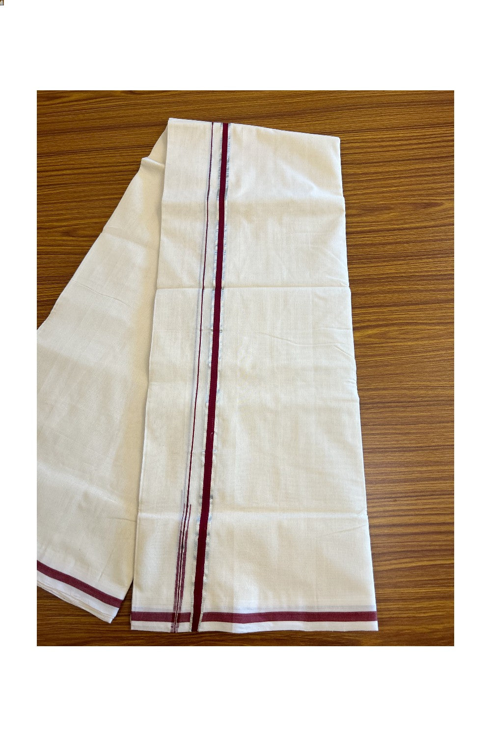 25% Discount!! KaithariKada HANDLOOM UNAKKUPAAV Balaramapuram - 100% PURE Cotton Off white (Unbleached) Double Mundu/Dhoti - 1.cm Maroon & Silver Kasavu Chutty Kara-120