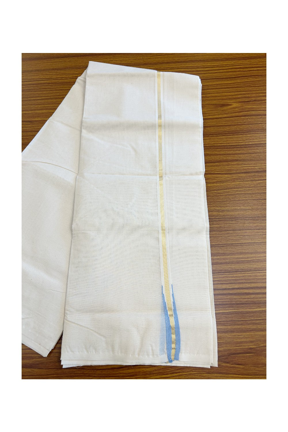 18% Discount New!! KaithariKada Balaramapuram 100% Cotton Double Off white - (Unbleached) - Mundu/Dhoti-100x100 2cm Puliyilakkara Chutty Gold 4 Line Kasavu & Blue kara - 22