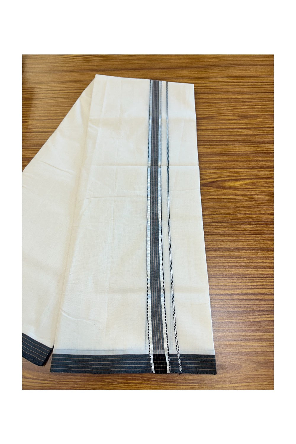 25% Discount!!! KaithariKada HANDLOOM UNAKKUPAAV Balaramapuram - 100% PURE Cotton off white - (Unbleached) Double Mundu/Dhoti - 1.75 inch Silver kasavu Black & Brown striped kara - 17KK5049REA