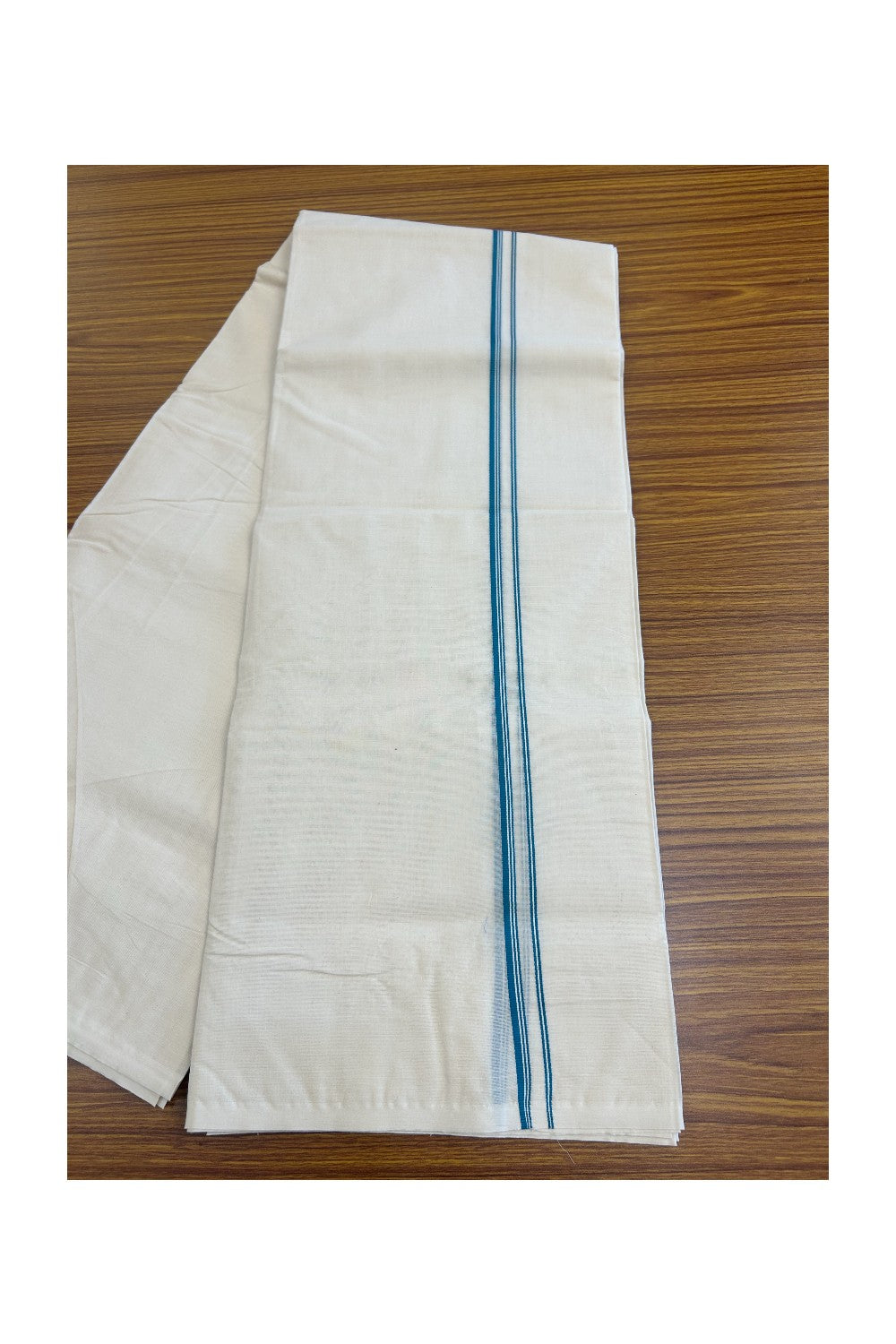 10% DISCOUNT ! KaithariKada Balaramapuram 100% Cotton Double Off white - (Unbleached) Mundu/Dhoti-100X100- PEACOCK GREEN & STRIPES 2.cm Kara.- ASH010.
