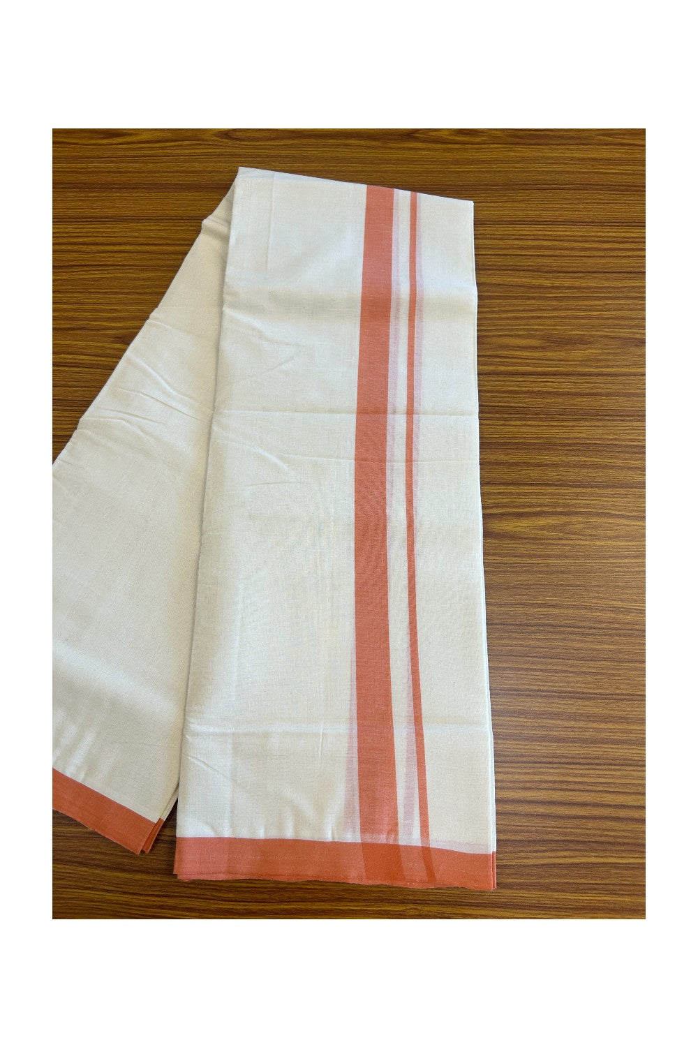 25% Discount! KaithariKada Balaramapuram Handloom 100% Millpaav Cotton Double Mundu/Dhoti Off white (Unbleached) - 100x100 Brick Orange Mulloth Border 3.60m (8 Muzham) - KK30RAM