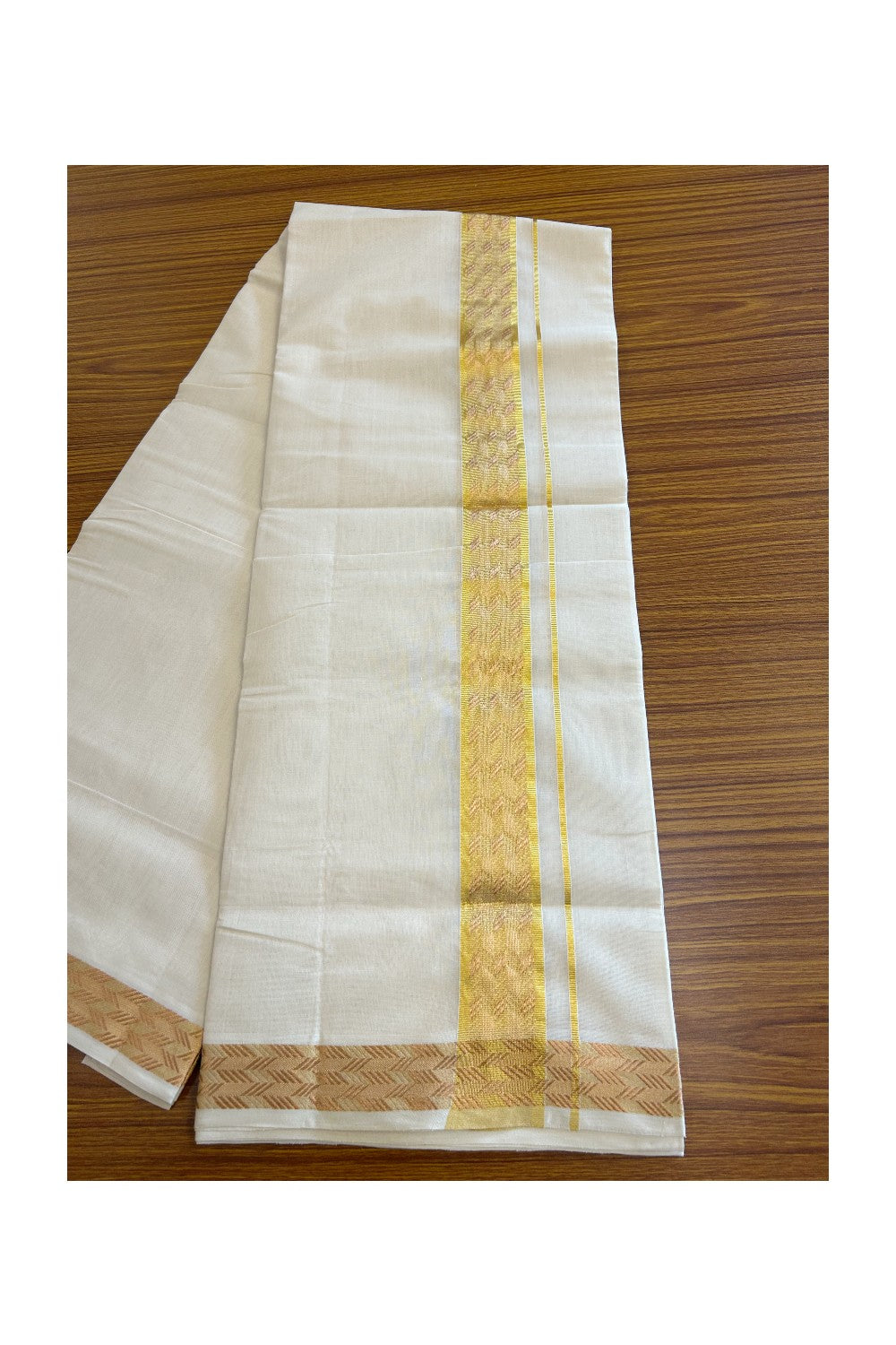 30% DISCOUNT ! KaithariKada HANDLOOM UNAKKUPAAV Balaramapuram - 100% PURE Cotton Off White - (Unbleached) Double Mundu/Dhoti - 2.5 inch Gold Kasavu & Copper Design Kara - 17KK5105RAM