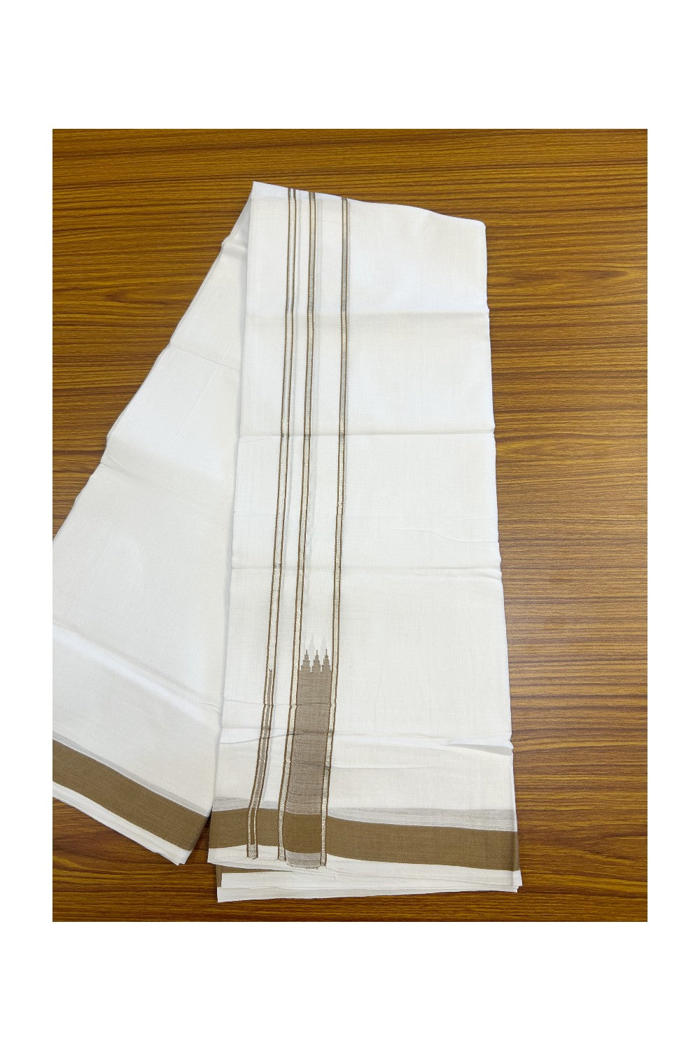 25% DISCOUNT! KaithariKada Balaramapuram 100% Mercerised Cotton Double ULTRA PURE white Mundu/Dhoti - 120x120 - 1.5 inch Heavy Chutty Silver Kasavu & Peanut Brown Shaded Kara - 17KK5139THI