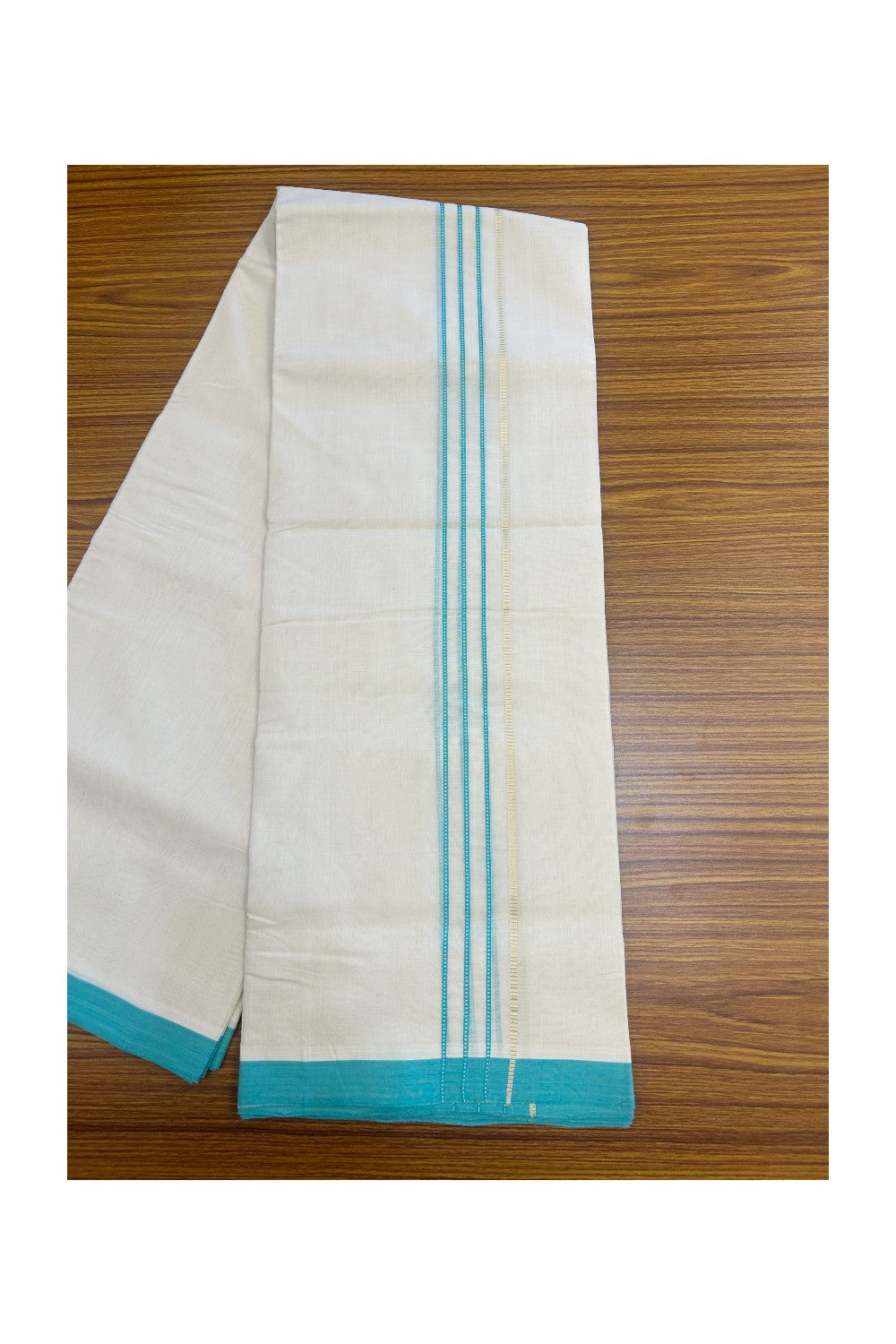 25% DISCOUNT!! KaithariKada HANDLOOM UNAKKUPAAV Balaramapuram - 100% PURE Cotton OFF White - (Unbleached) Double Mundu/Dothi - 80x100 - PURE JERRY 3 cm Turquoise blue stripes pattern kara 3.80 meter (8.5 Muzham) - 29KK5167REA
