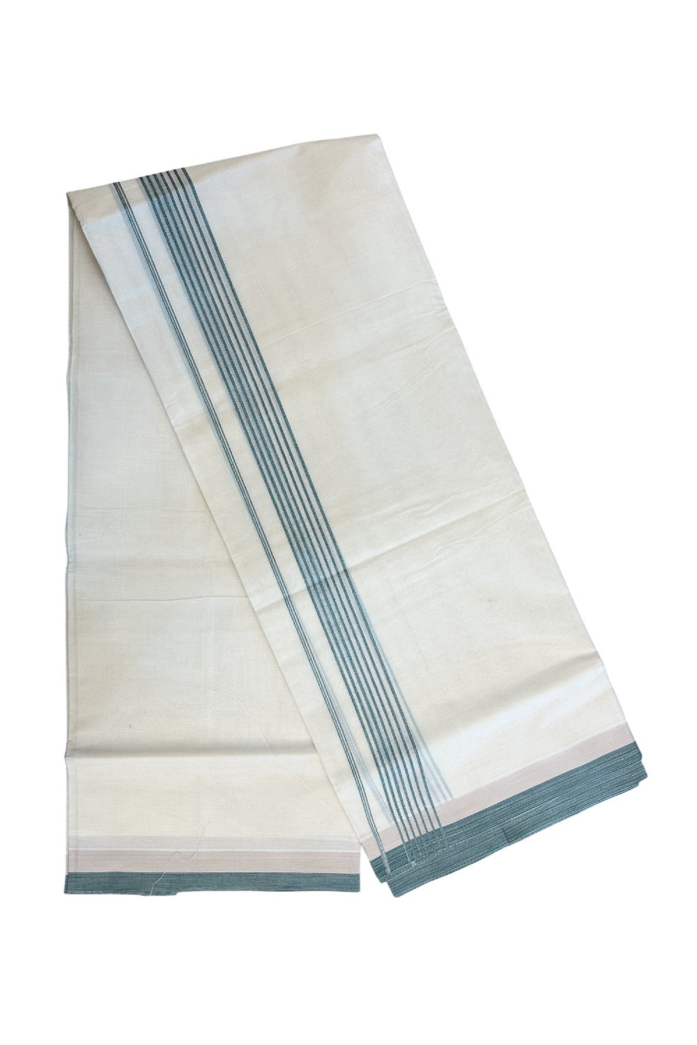 20% DISCOUNT ! KaithariKada Balaramapuram 100% Cotton Double off white (Unbleached) Mundu/Dhoti - 100X80 - 1.5 inch Silver Kasavu & Green Stripes kara - 17KK5172PMC