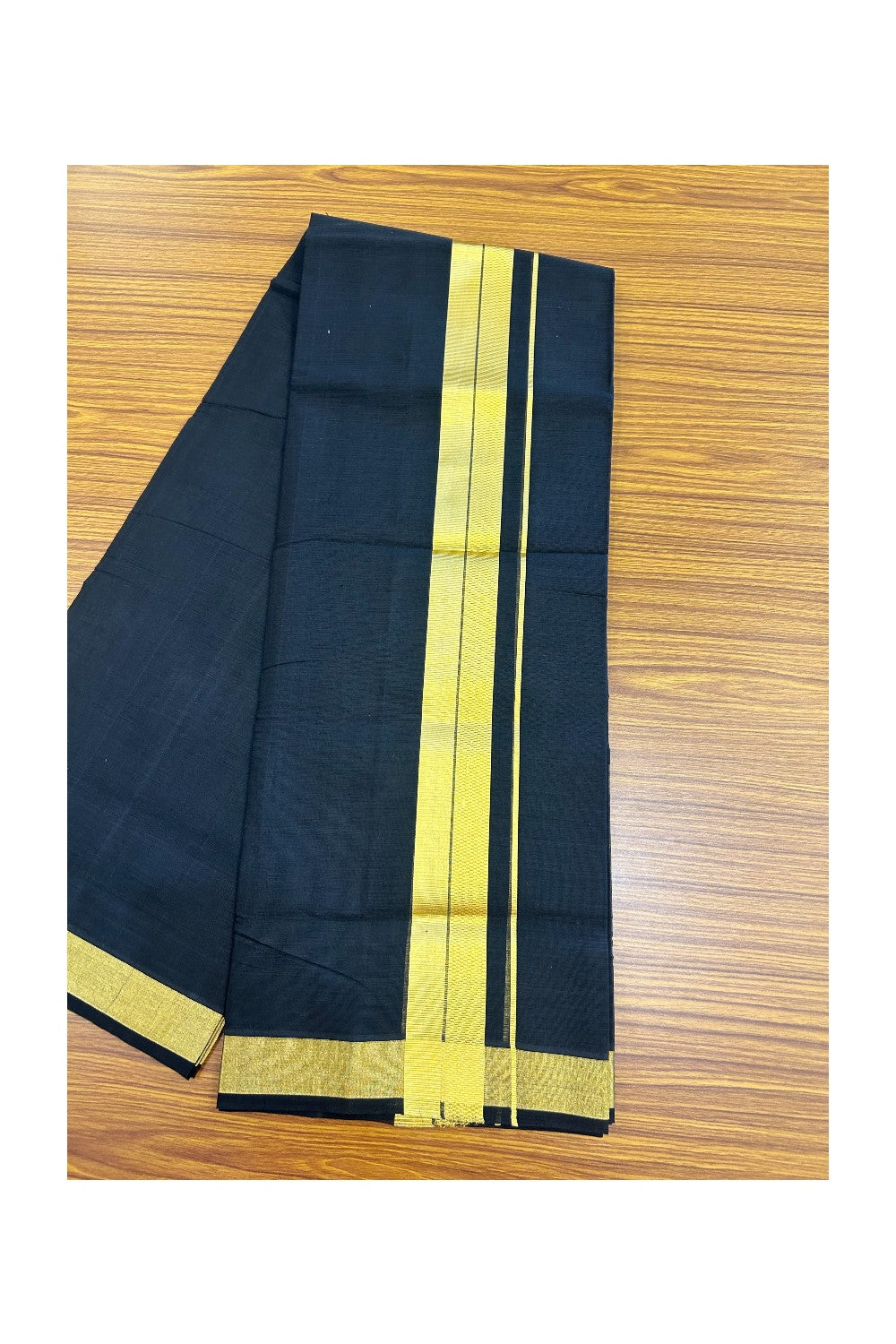 25% Discount! KaithariKada Handloom UNAKKUPAAV Balaramapuram - 100% Cotton Double Mundu/Dhoti - Black Colour Body - 2 inch Gold Kasavu Design - 17KK5176ABH