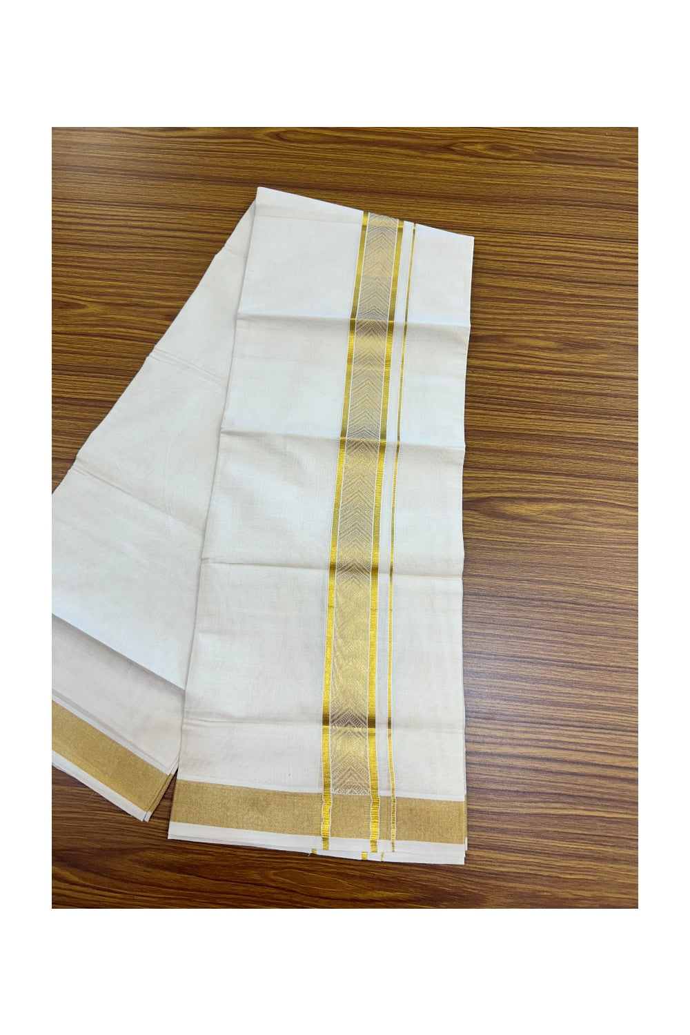 20% DISCOUNT! KaithariKada Balaramapuram 100% Pure Cotton off white - (Unbleached) Double Mundu/Dhoti - 100X80 - 2 inch Gold kasavu Jacquard Design kara - 17KK5186CKS