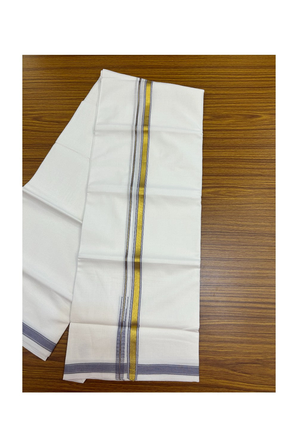 20% DISCOUNT!! KaithariKada Balaramapuram 100% Cotton PURE WHITE Double Mundu/Dhoti-100x80 - 0.75 inch Ash blue Kasav Chutty Kara - 17KK5191CKS