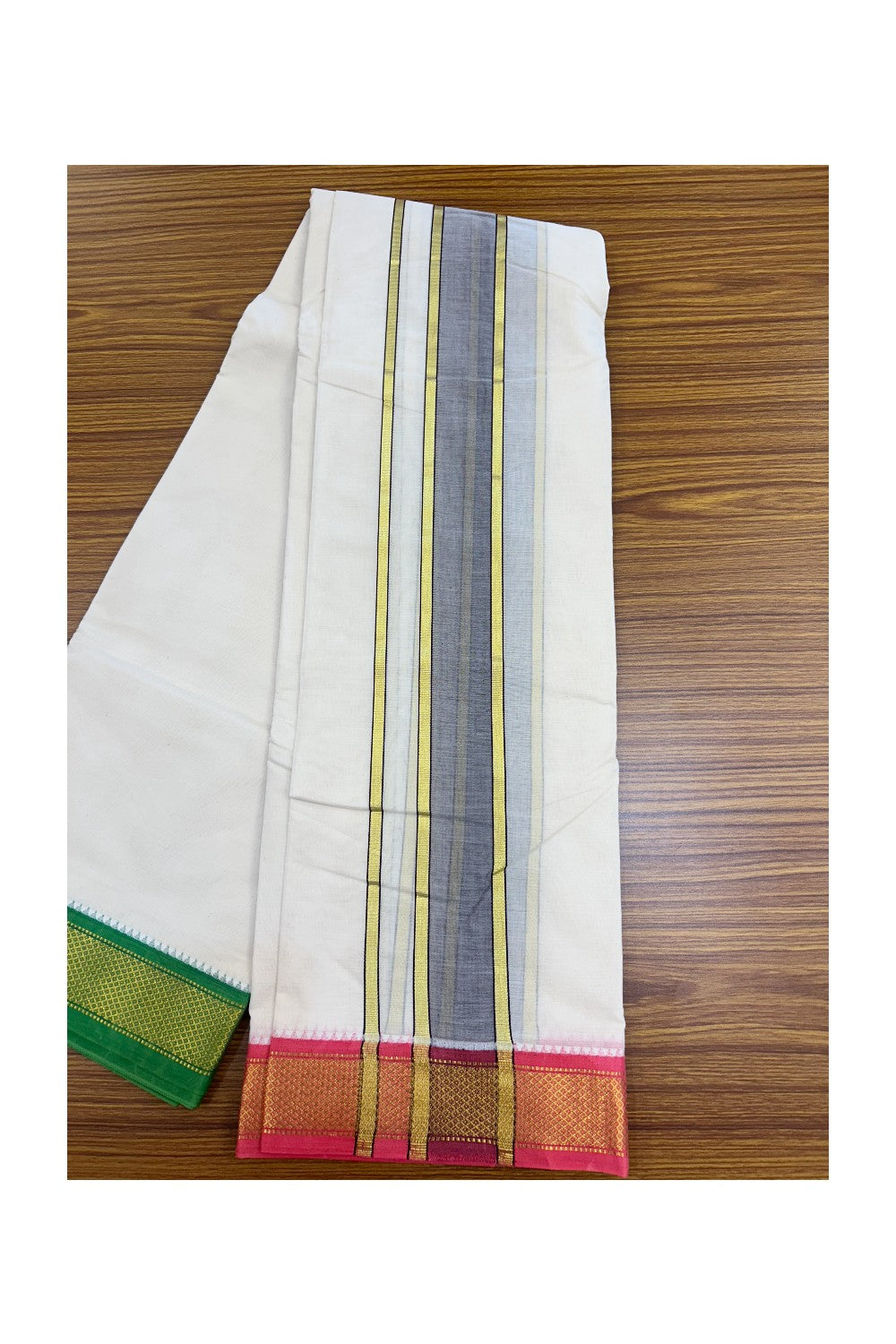20% DISCOUNT! KaithariKada 100% Cotton Off White - (Unbleached) 100x100 thread - NORTH INDIAN- ATTACHED GAMCHA 9X5 Dhoti 2.25 inch Dark Brown kara with Light Green & Pink Kasavu border - 17KK5196PMC