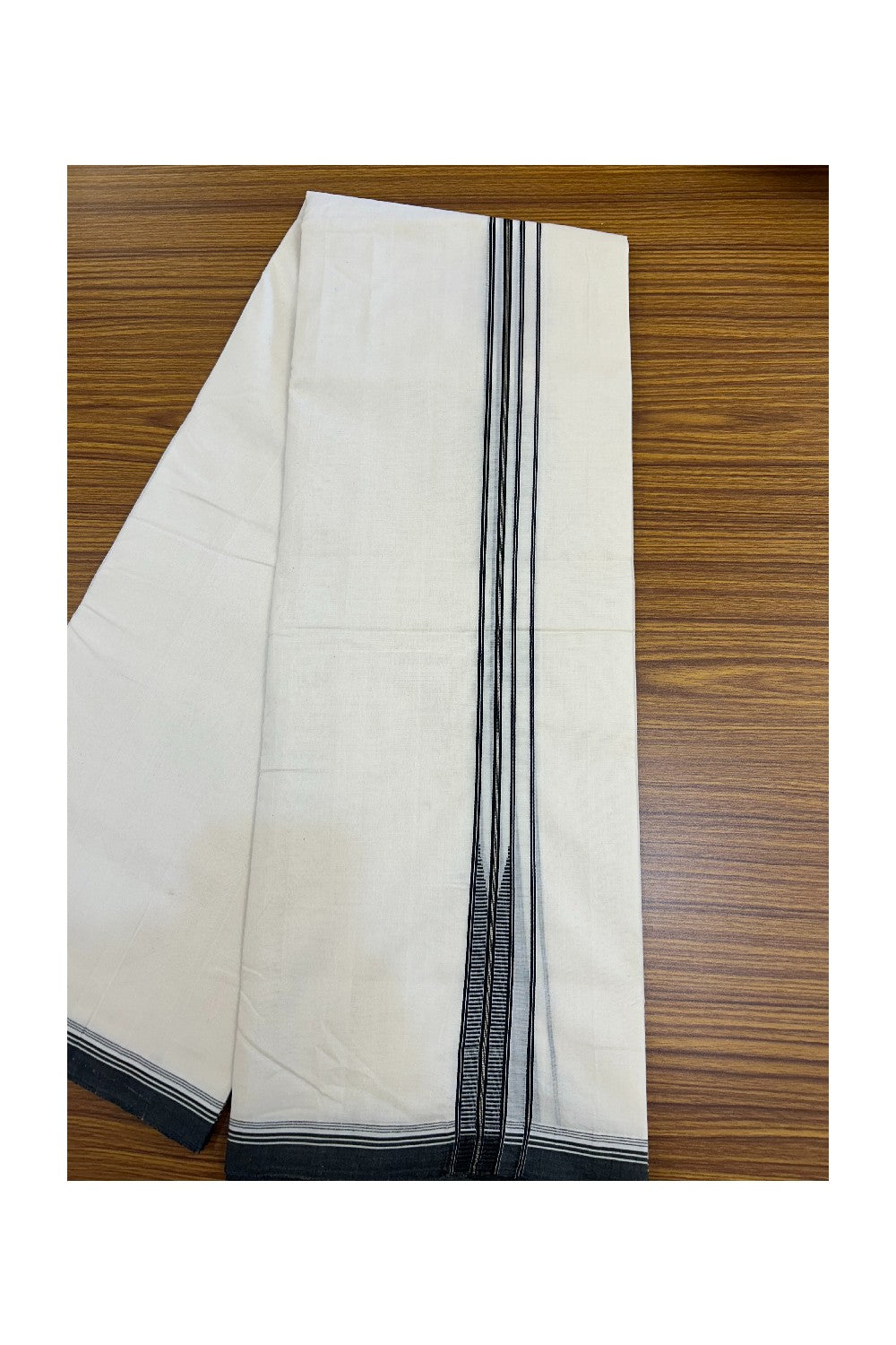 25% DISCOUNT!! KaithariKada HANDLOOM UNAKKUPAAV Balaramapuram - 100% PURE Cotton OFF White - (Unbleached) Double Mundu/Dothi - 80X100 - 1 inch Pure Silver Kasavu Puliyilakkara Black striped chutty Kara 3.80 meter (8.5 Muzham) - 17KK5209 REA