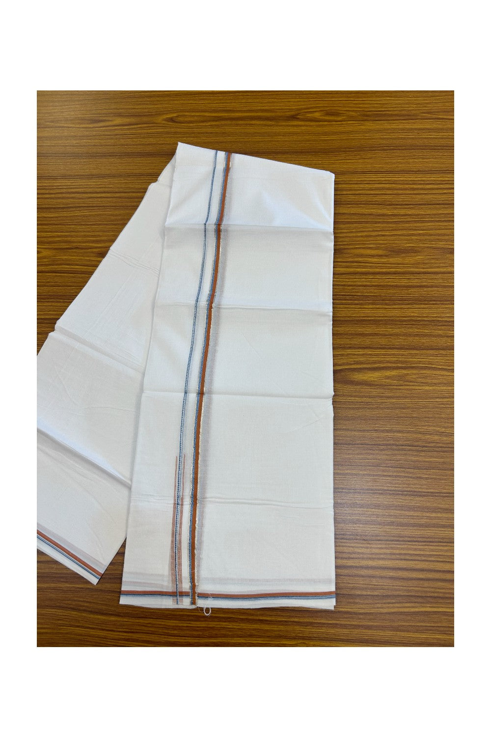 20% Discount !! Kaitharikada Balaramapuram 100% Cotton PURE WHITE DOUBLE Mundu/Dothi- 100X80 - 0.5 inch Silver Kasavu Light Orange & Blue Design Chutty Kara - 17KK5217 CKS