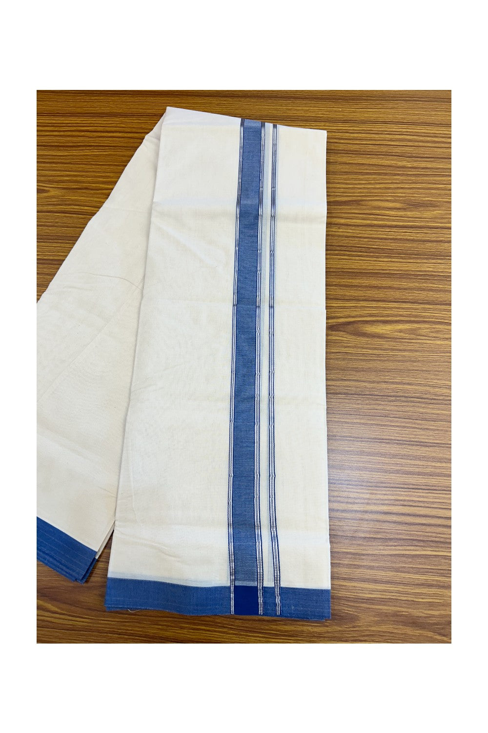 NEW !! 20% DISCOUNT!! KaithariKada Balaramapuram 100% Cotton Double Off white - (Unbleached) Mundu/Dhoti-100x80 - 1.25 inch Silver Kasavu & Blue Shaded Striped KARA - 3.75 mtr (8 Muzham) - 17KK5218 ASH