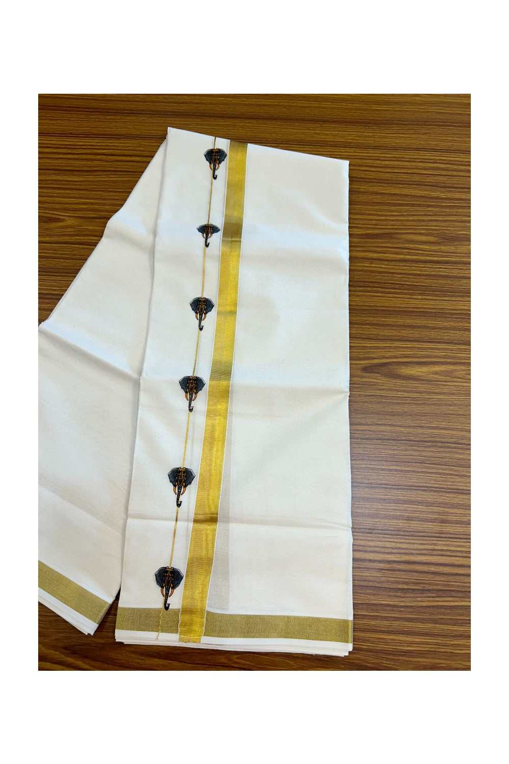 22% Discount!! KaithariKada Balaramapuram 100% Cotton DOUBLE OFF WHITE - (Ubleached) Mundu/Dhoti - 80x90 - 1 inch Gold Kasavu with Elephant Printed Design Kara - 17KK5219 GAN