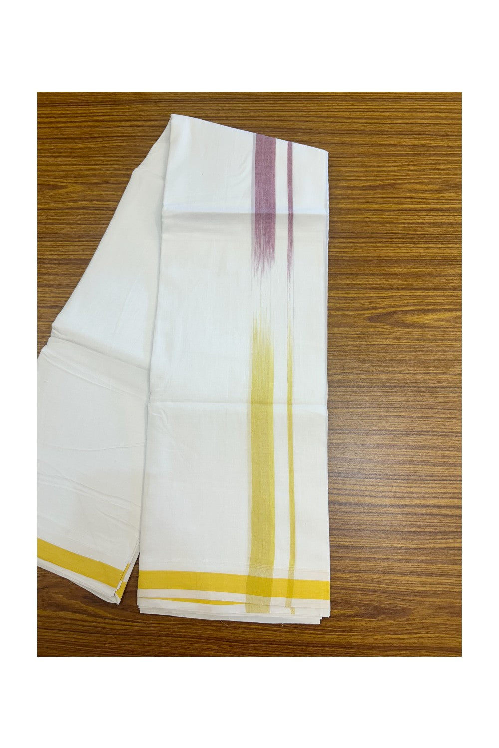 20% Discount!!! KaithariKada Balaramapuram Double PURE WHITE RAINBOW Mundu/Dhoti - 100X80 - 1 inch Light Yellow & Wine shaded Striped Designer Kara - 17KK5220 THI