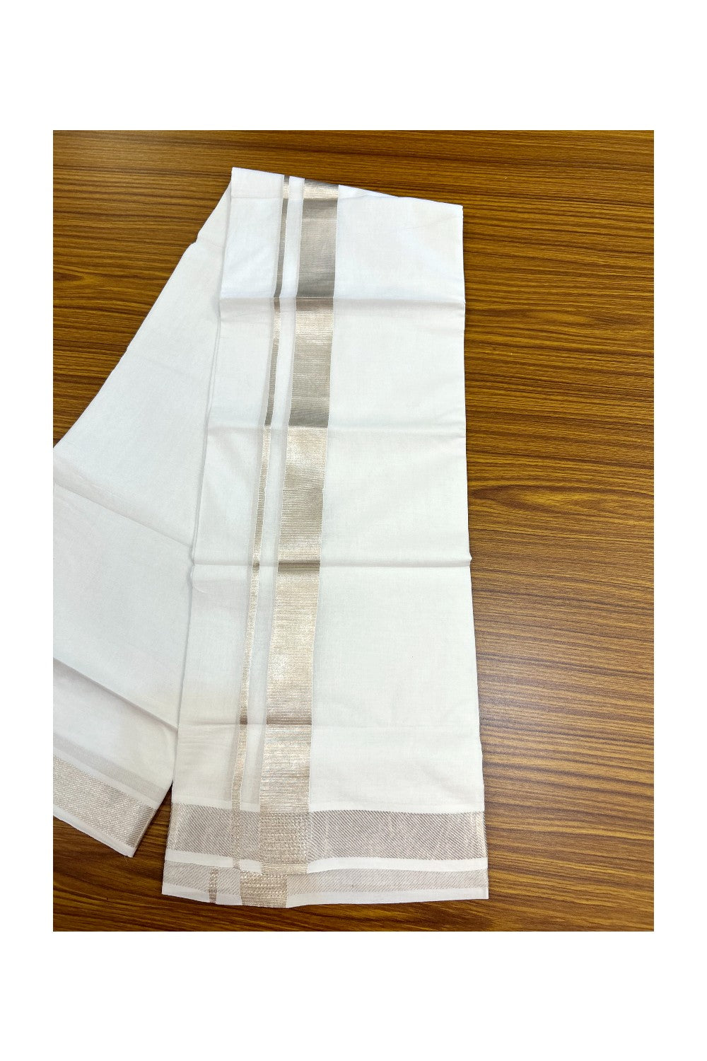 20% DISCOUNT!! KaithariKada Balaramapuram 100% Cotton DOUBLE PURE WHITE Mundu/Dhoti - 100x100 - 1.25 inch Silver Kasavu Kara 4 mtr (8.5 muzham) - 17KK5221 GAN