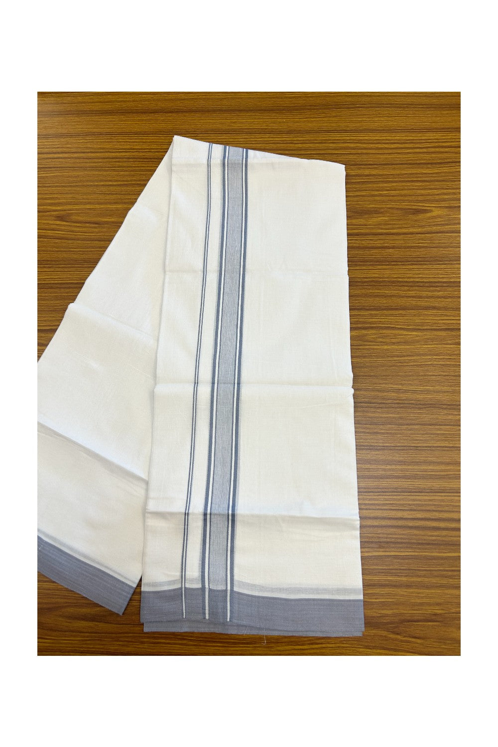 20% DISCOUNT! KaithariKada Balaramapuram 100% Cotton Double Pure white Mundu/Dhoti-( 60s ) - 1.5 inch Lavender Blue Shaded Striped Kara - 3.86mtr ( 8 muzham) - 17KK5227 PMC