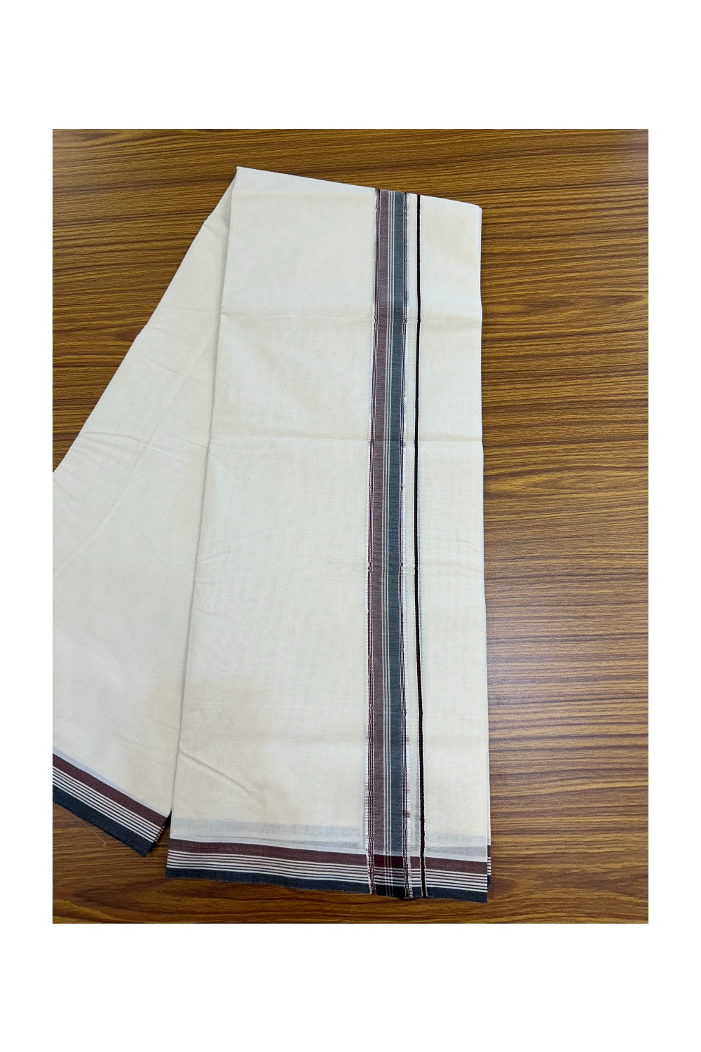 20% Discount KaithariKada Balaramapuram 100% Cotton Double Off white - (Unbleached) - Mundu/Dhoti - 100x100 - 1.5 inch Silver Kasav Black & Dark Maroon Striped Kara - 4 mtr ( 8.5muzham)- 17KK5228 ASH
