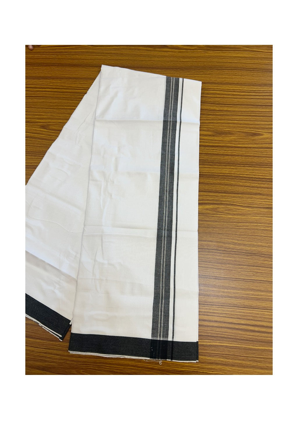 24% Discount !! KaithariKada Balaramapuram 100% Cotton Pure white Single Mundu/Dhoti - Twisted 60s Thread- 1.25 inch Black Shaded Striped Kara (2 meter / 4 muzham) - 17KK5241 GL