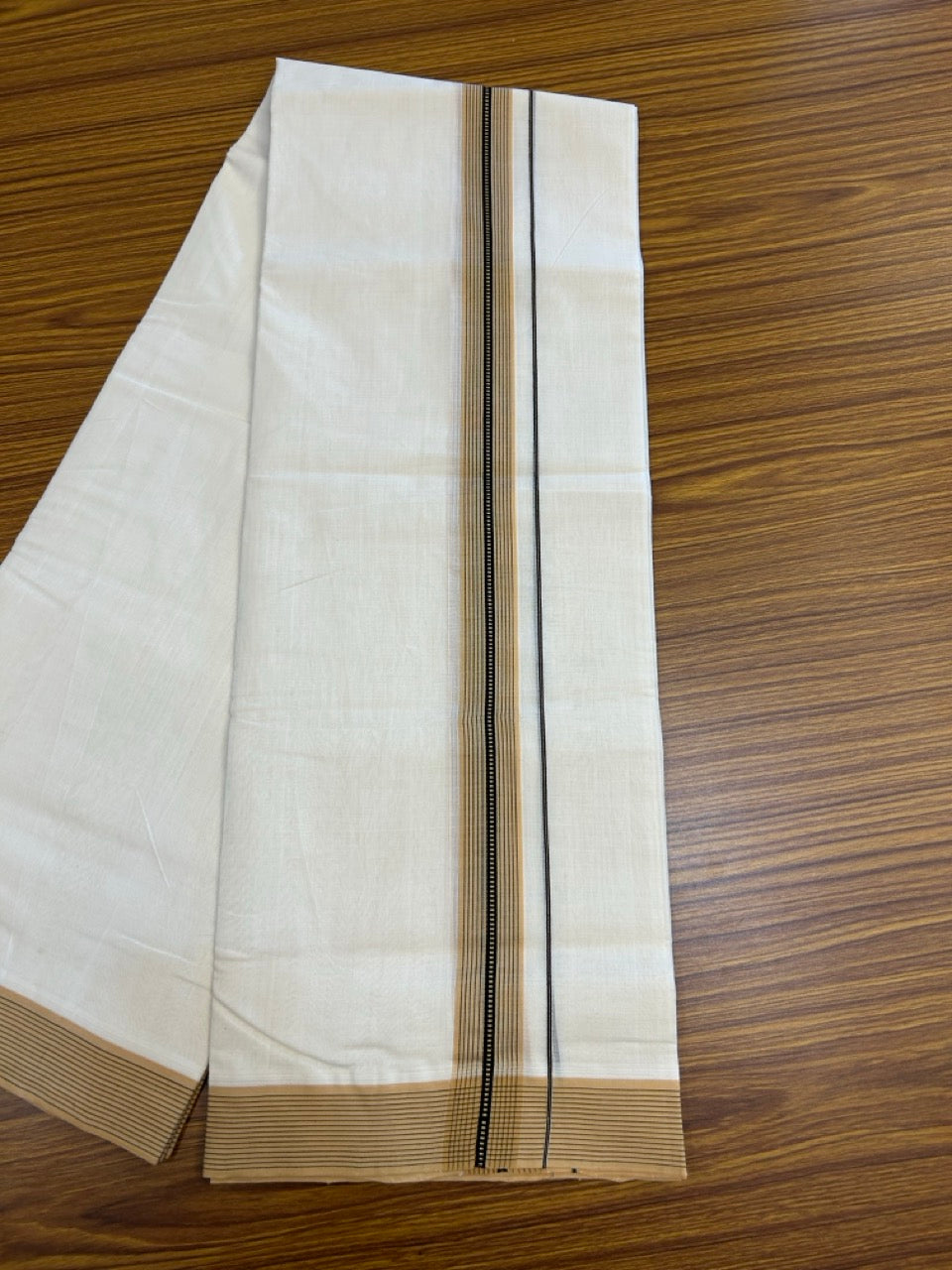 25% DISCOUNT!! KaithariKada HANDLOOM UNAKKUPAAV Balaramapuram - 100% PURE Cotton OFF White - (Unbleached) Double Mundu/Dothi - 100 x 80 - 1.5 inch Sand Brown Black Strip Kara 3.80 meter (8.5 mulam) - 17 KK5249 REA