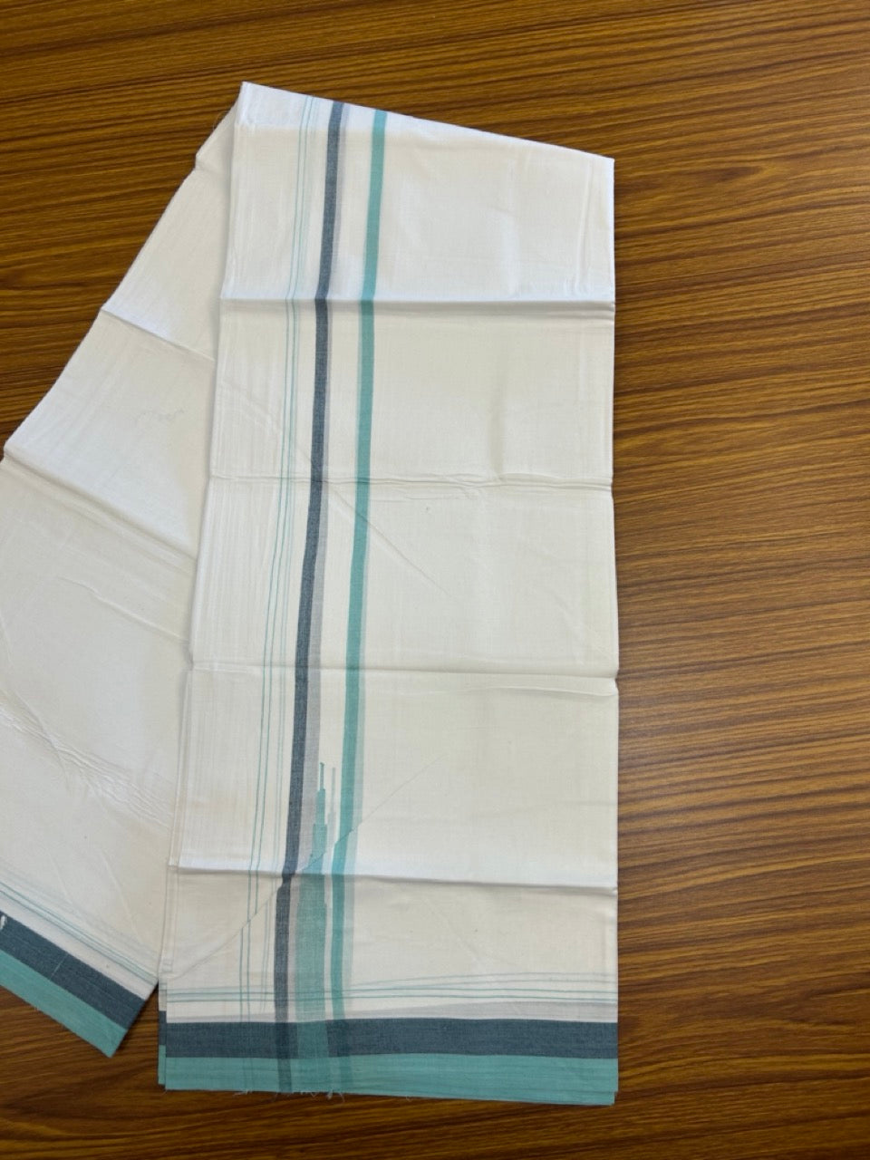 20% Discount ! NEW! KaithariKada Balaramapuram 100% Cotton Pure white Double Mundu/Dhoti - (100x80)s - 1.5 inch Turquoise Navy chutty - 17 KK5249 VIN