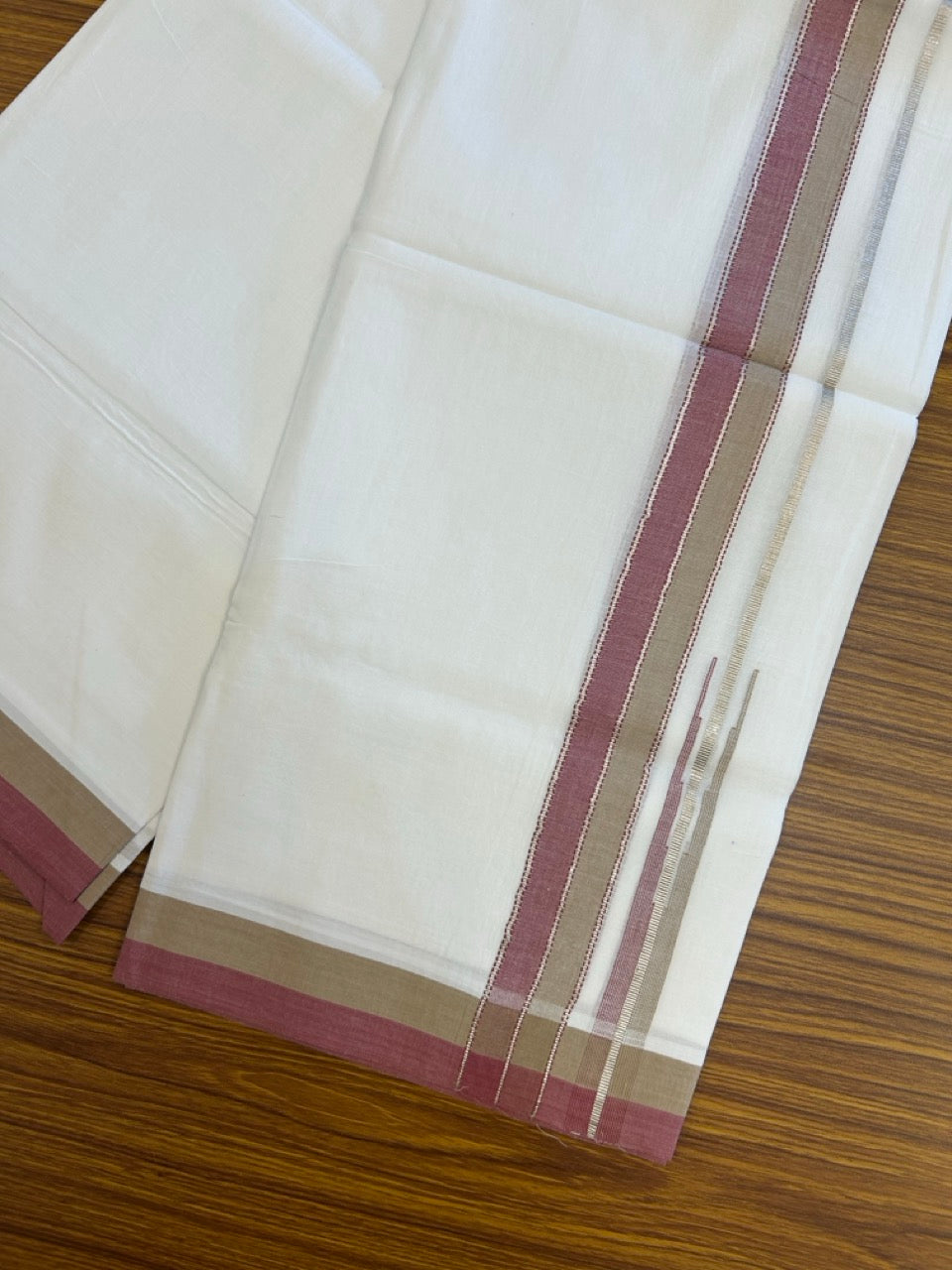 26% Discount ! NEW! KaithariKada Balaramapuram 100% Cotton Pure white Double Mundu/Dhoti - (100x80)s - Maroon Sage Green Chutty Silver Kasav - 17 KK5252 CKS