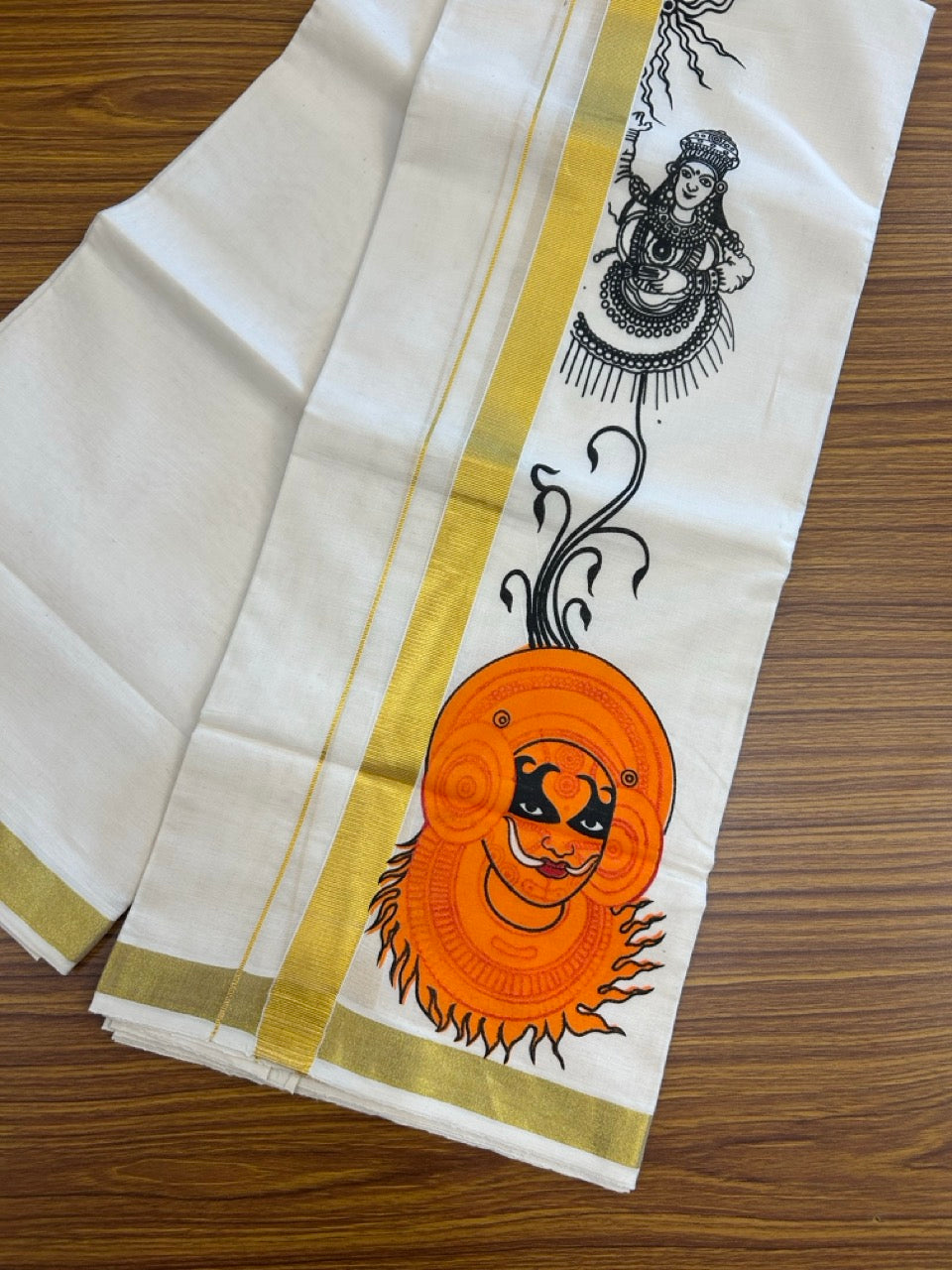 25% Discount!! KaithariKada Balaramapuram Pure Cotton Double Off white - (Ubleached) Mundu/Dhoti - 80x72 - 1 inch Kasavu & Theyyam Chenda kathakali Printed Design Kara - 17 KK5262 MUT