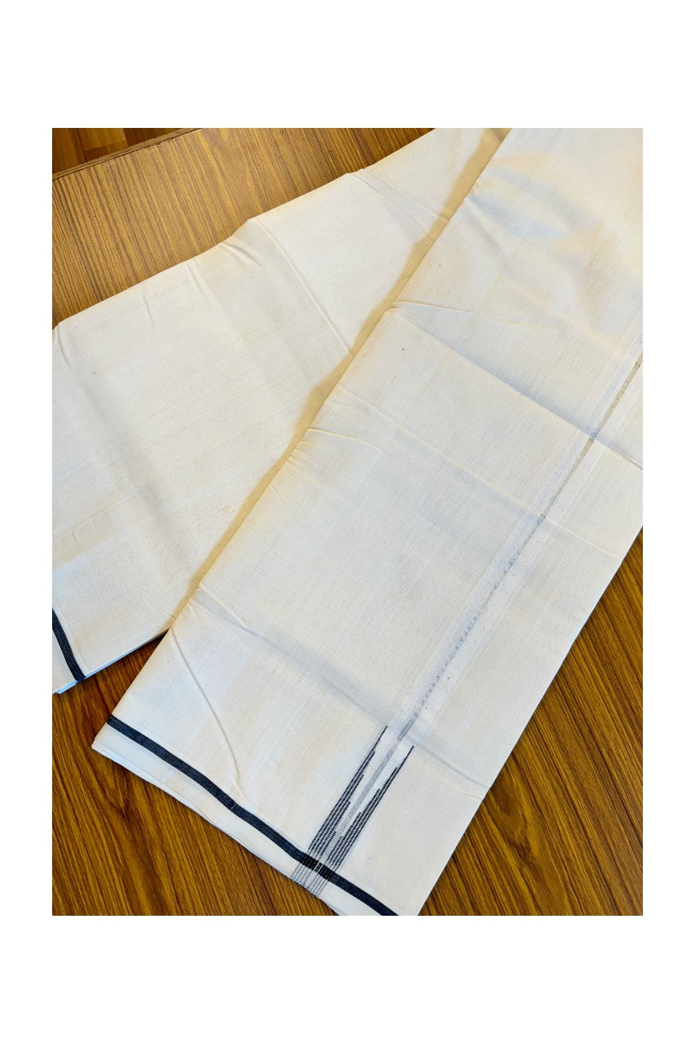 25% Discount!! KaithariKada Handloom Millpaav Balaramapuram - 100% Pure Cotton Off White (Unbleached) Double Mundu/Dothi - 1inch Puliyilakkara Silver kasav black chutty & stripes - 17KK86RAM