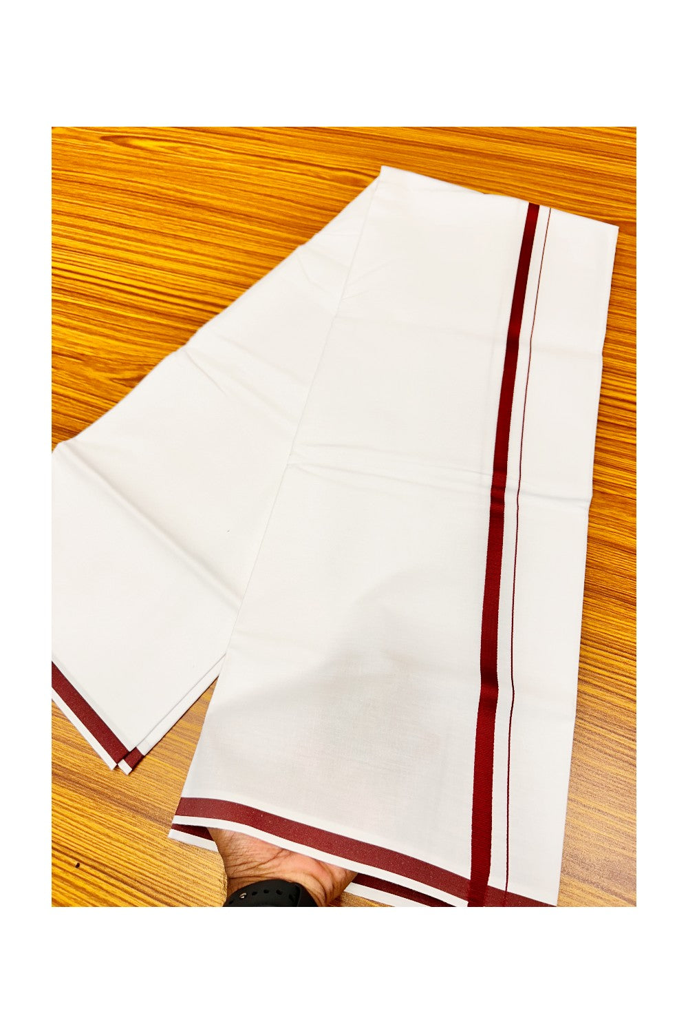15% OFFER!! KaithariKada 100% Cotton PURE WHITE SINGLE Mundu/Dhoti-40X40 Maroon+Brown 2.5 cm (2 meter / 4 muzham) Kara- 17pra