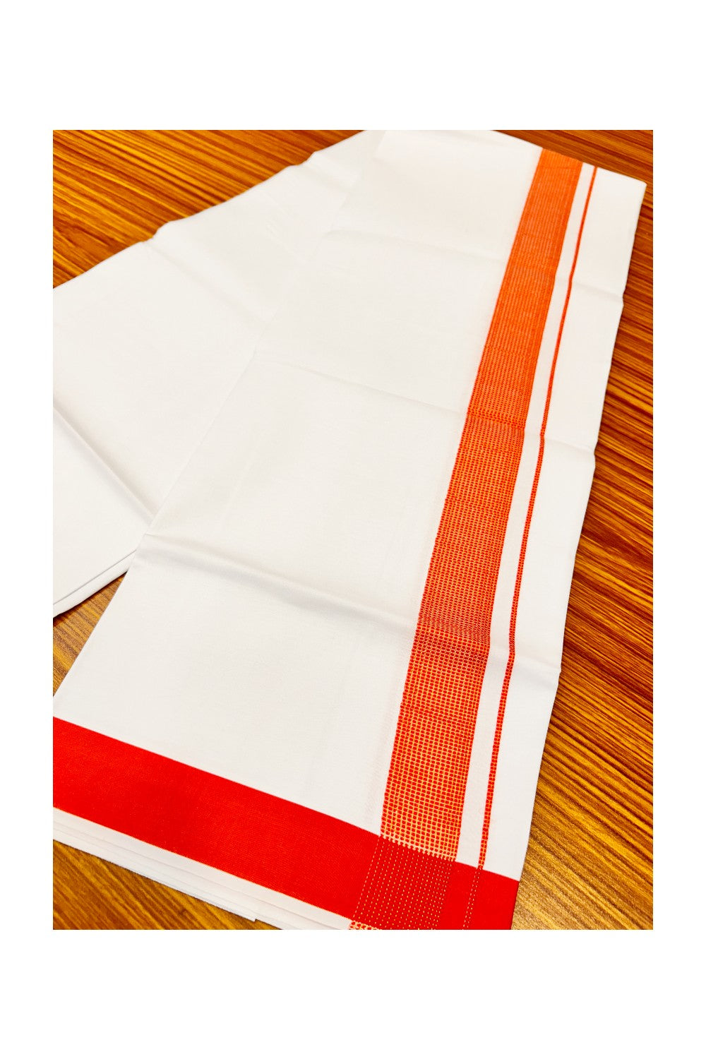 15% OFFER!! KaithariKada 100% Cotton PURE WHITE SINGLE Mundu/Dhoti-40X40 Red+Kasavu Zazri 2 inch (2 meter / 4 muzham) Kara- 17sar