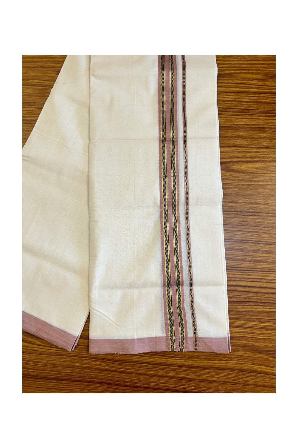 30% Discount!!! KaithariKada HANDLOOM UNAKKUPAAV Balaramapuram - 100% PURE Cotton off white (Unbleached) Double Mundu/Dhoti - 2 inch Kasavu Pink brown & Navy blue pattern kara - 17KK458SOM
