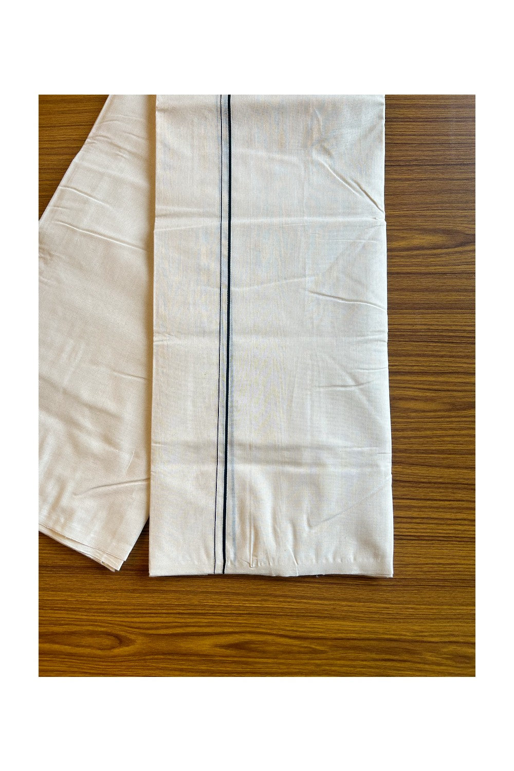 25% Discount!! KaithariKada Handloom Millpaav Balaramapuram - 100% Pure Cotton Off White - (Unbleached) Double Mundu/Dothi - 0.5 inch Black thin kara - 17KK462RAM