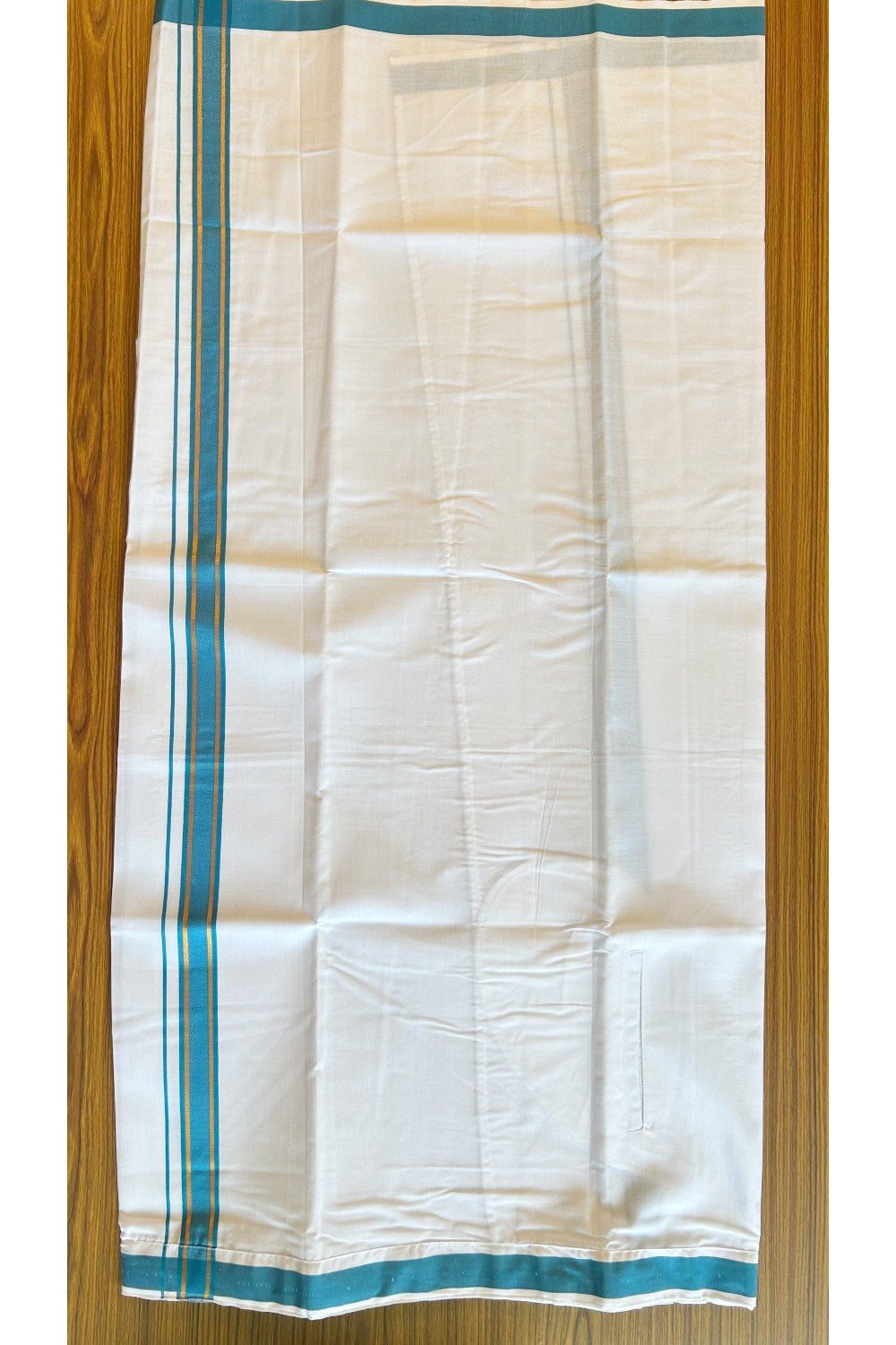 KaithariKada Balaramapuram Cotton Single Pure White Velcro Mundu/Dhoti - 1.75inch Peacock Blue & Kasav kara (2 metre / 4 muzham) - 17KK485SRI