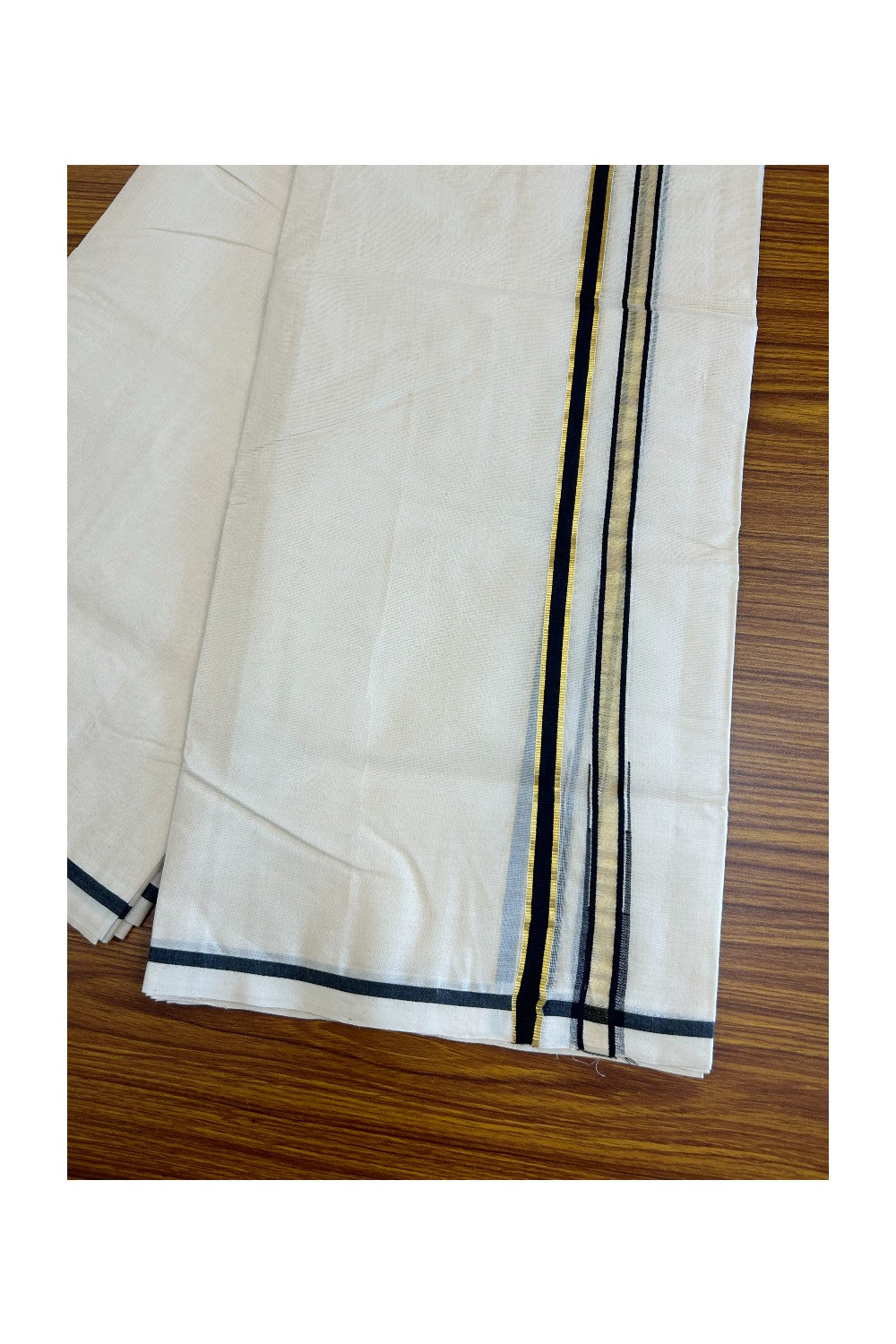 25% DISCOUNT!! KaithariKada HANDLOOM Millpaav Balaramapuram - 100% PURE Cotton OFF White - (Unbleached)Double Mundu/Dothi - 1cm Puliyilakkara side striped Gold kasavu Black chutty - 17KK5011RAM