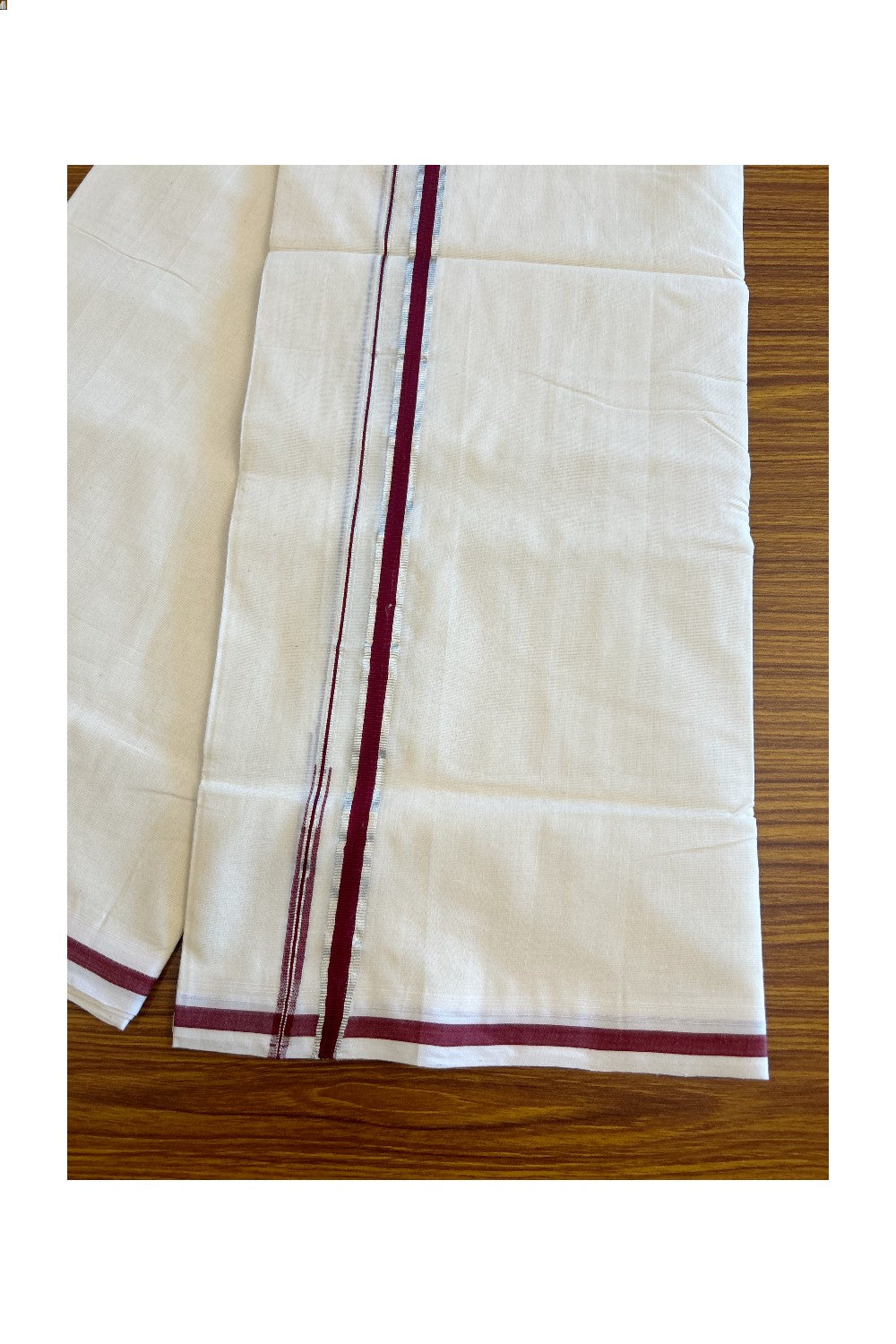 25% Discount!! KaithariKada HANDLOOM UNAKKUPAAV Balaramapuram - 100% PURE Cotton Off white (Unbleached) Double Mundu/Dhoti - 1.cm Maroon & Silver Kasavu Chutty Kara-120