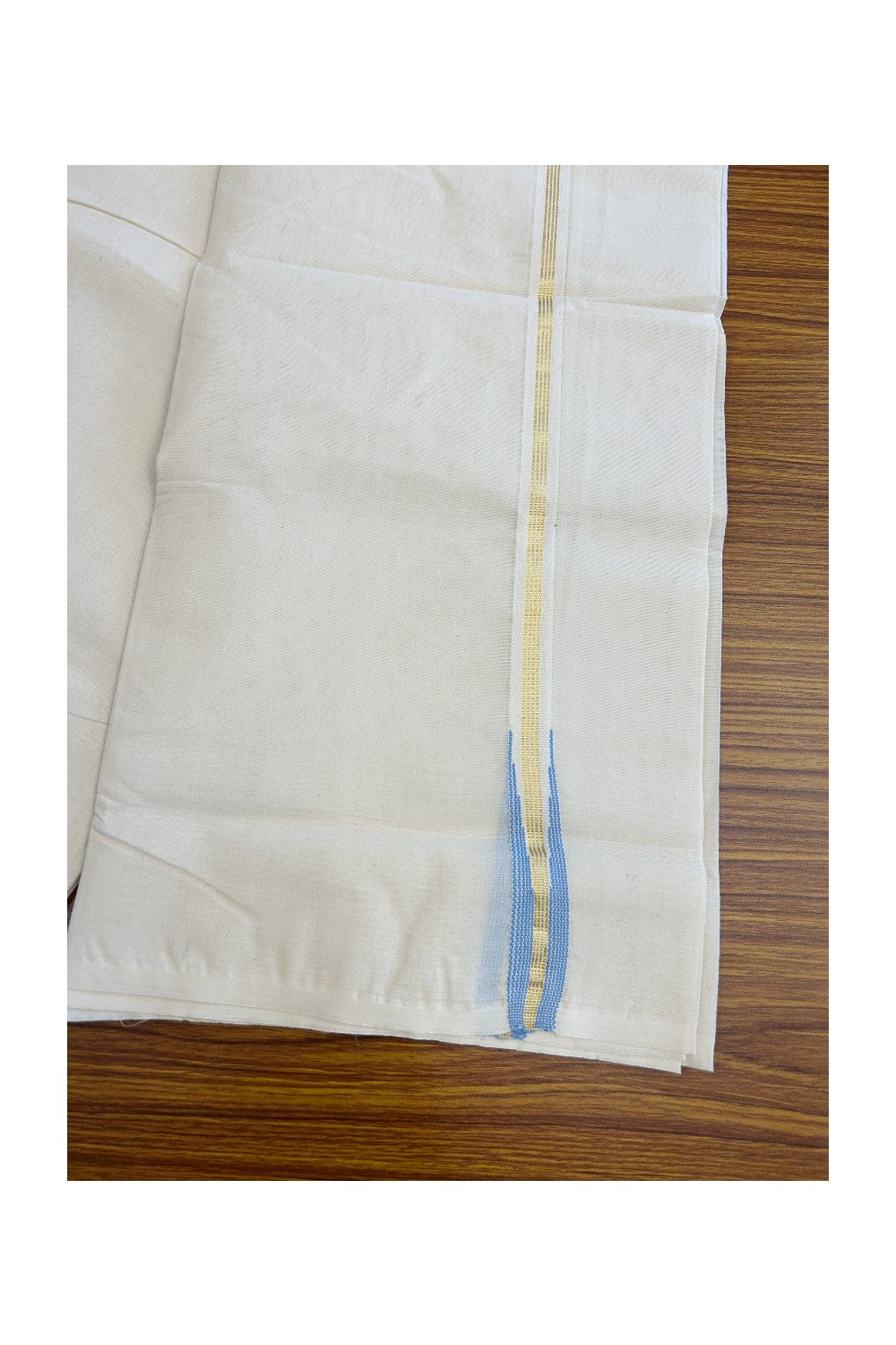 18% Discount New!! KaithariKada Balaramapuram 100% Cotton Double Off white - (Unbleached) - Mundu/Dhoti-100x100 2cm Puliyilakkara Chutty Gold 4 Line Kasavu & Blue kara - 22