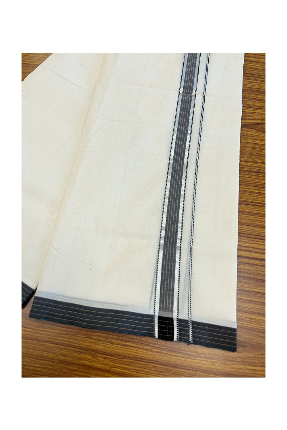 25% Discount!!! KaithariKada HANDLOOM UNAKKUPAAV Balaramapuram - 100% PURE Cotton off white - (Unbleached) Double Mundu/Dhoti - 1.75 inch Silver kasavu Black & Brown striped kara - 17KK5049REA