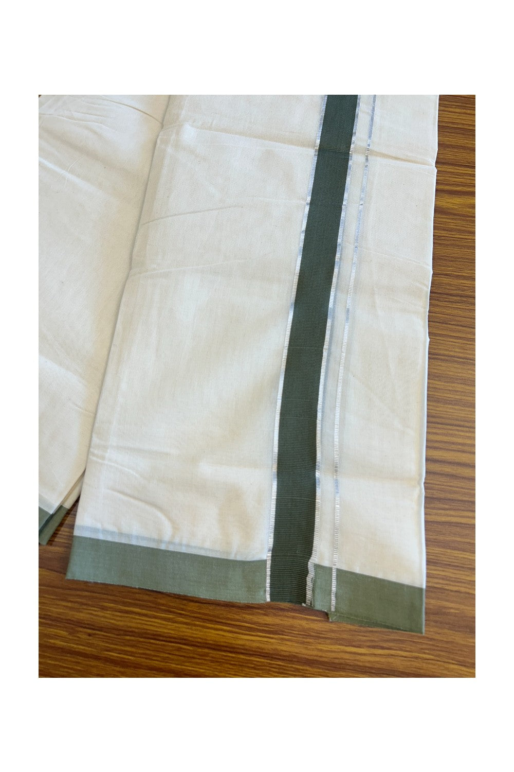 20% Discount KaithariKada Balaramapuram 100% Cotton Double Off white - (Unbleached) - Mundu/Dhoti - 100x80 - 1.75inch Silver Kasavu & Dark sage Green Kara 3.75 mtr (8 Muzham)- 112
