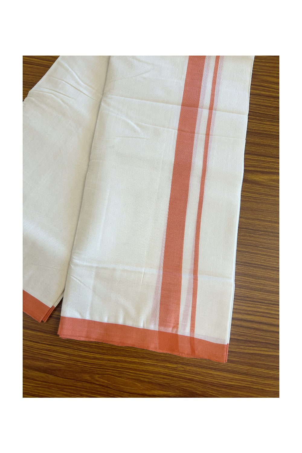 25% Discount! KaithariKada Balaramapuram Handloom 100% Millpaav Cotton Double Mundu/Dhoti Off white (Unbleached) - 100x100 Brick Orange Mulloth Border 3.60m (8 Muzham) - KK30RAM