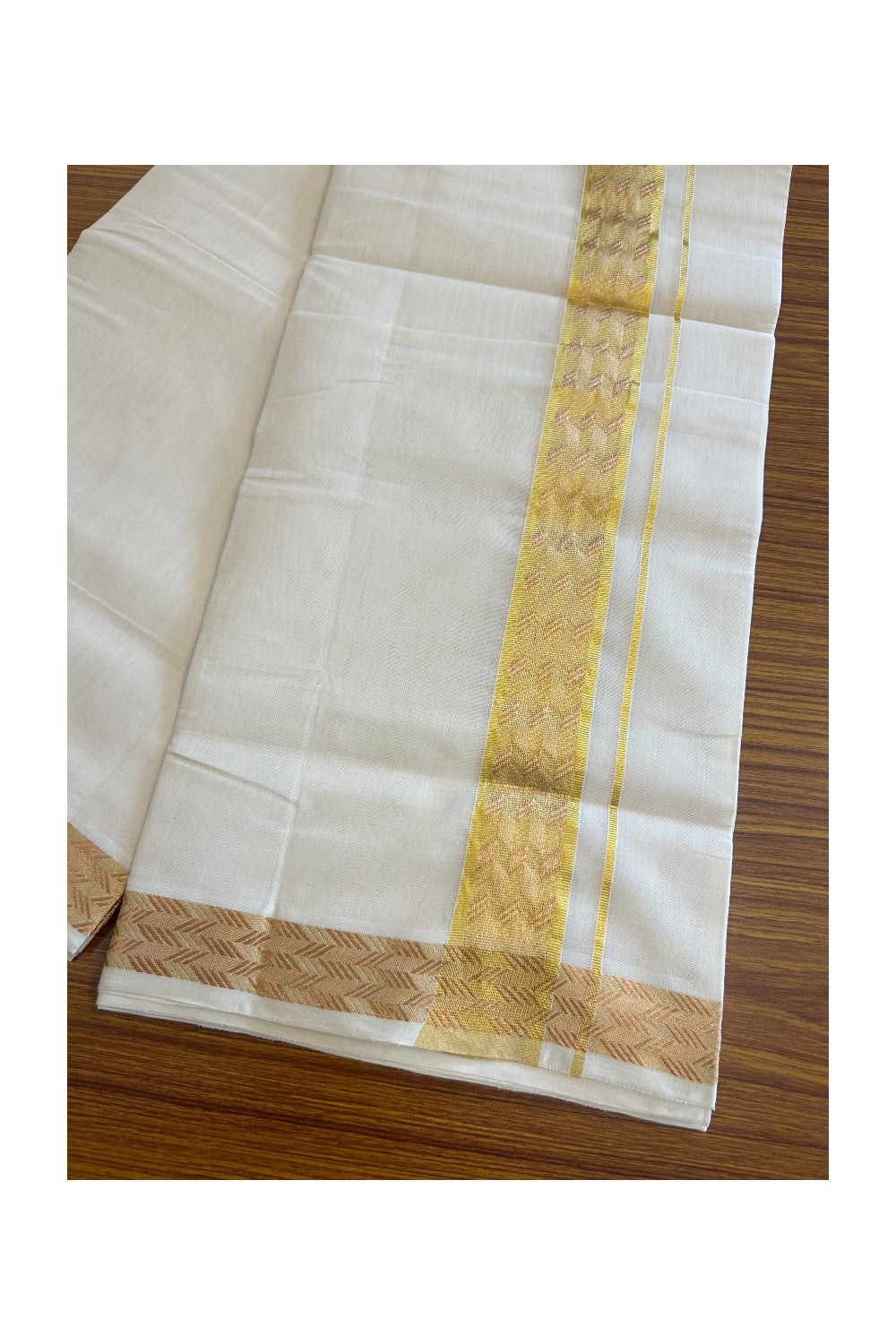 30% DISCOUNT ! KaithariKada HANDLOOM UNAKKUPAAV Balaramapuram - 100% PURE Cotton Off White - (Unbleached) Double Mundu/Dhoti - 2.5 inch Gold Kasavu & Copper Design Kara - 17KK5105RAM