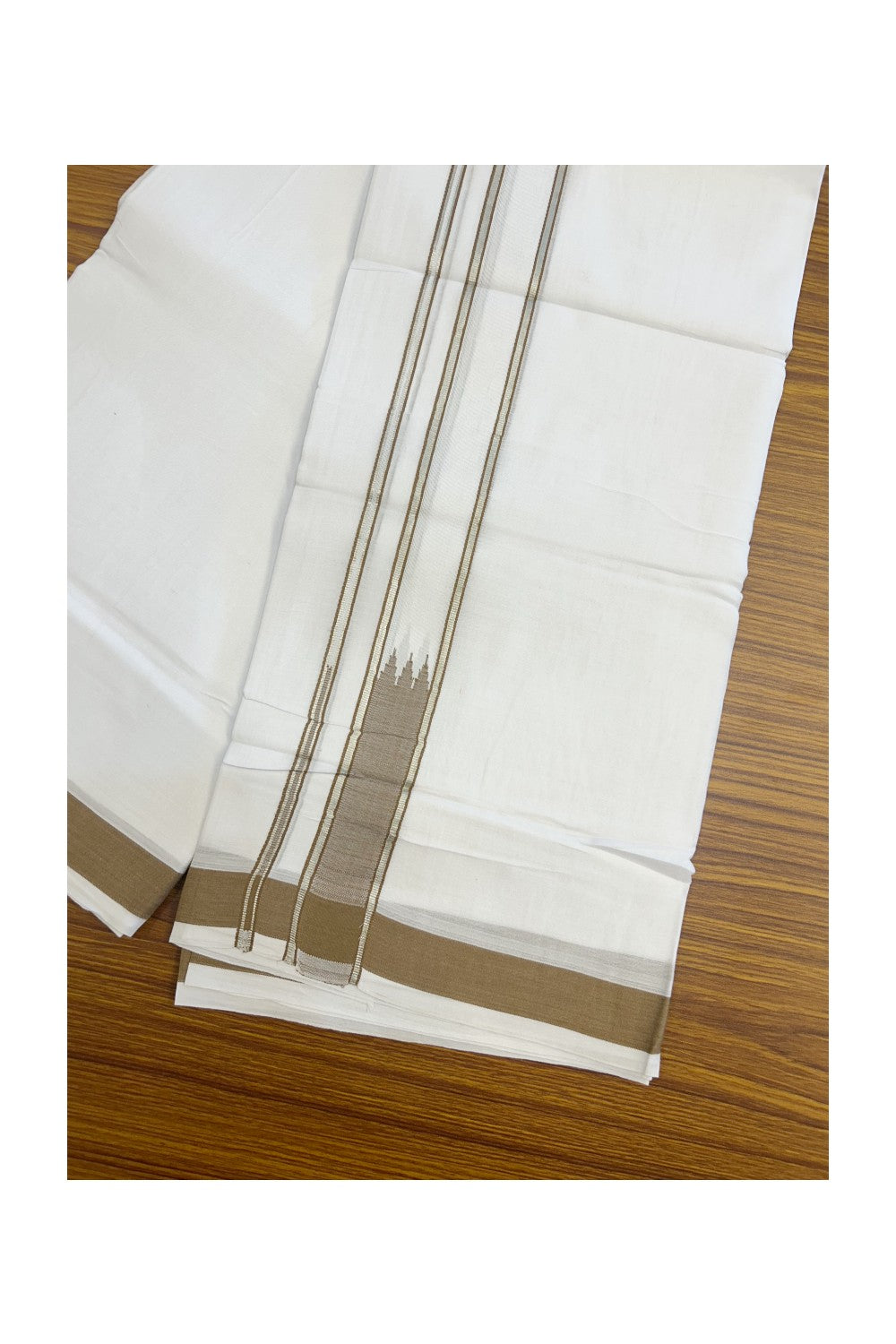 25% DISCOUNT! KaithariKada Balaramapuram 100% Mercerised Cotton Double ULTRA PURE white Mundu/Dhoti - 120x120 - 1.5 inch Heavy Chutty Silver Kasavu & Peanut Brown Shaded Kara - 17KK5139THI